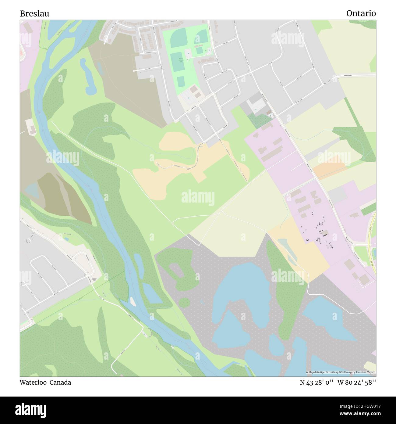 Breslau, Waterloo, Canada, Ontario, N 43 28' 0'', W 80 24' 58'', carte, carte intemporelle publiée en 2021.Les voyageurs, les explorateurs et les aventuriers comme Florence Nightingale, David Livingstone, Ernest Shackleton, Lewis et Clark et Sherlock Holmes se sont appuyés sur des cartes pour planifier leurs voyages dans les coins les plus reculés du monde. Timeless Maps dresse la carte de la plupart des sites du monde, montrant ainsi la réalisation de grands rêves Banque D'Images