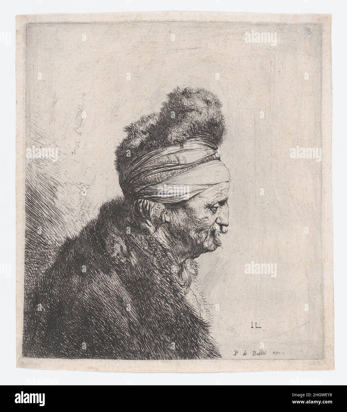 Buste d'un vieil homme portant un chapeau de fourrure ca.1631 Jan Lievens Dutch ce portrait introspectif d'un vieil homme en costume exotique est une œuvre de Lievens d'une série de têtes imaginaires légèrement gravées d'environ 1630-32.L'impression a été réalisée à un moment où Lievens a travaillé en étroite collaboration avec Rembrandt à Leiden et où les deux jeunes artistes ont influencé mutuellement le travail de l'autre.Lievens s'est inspiré des portraits contemporains gravés d'hommes en robe orientale de Rembrandt lorsqu'il a créé ce buste d'un homme âgé portant une casquette de fourrure inhabituelle liée par une bande de tissu.Rembrandt à son tour, copi gravé Banque D'Images