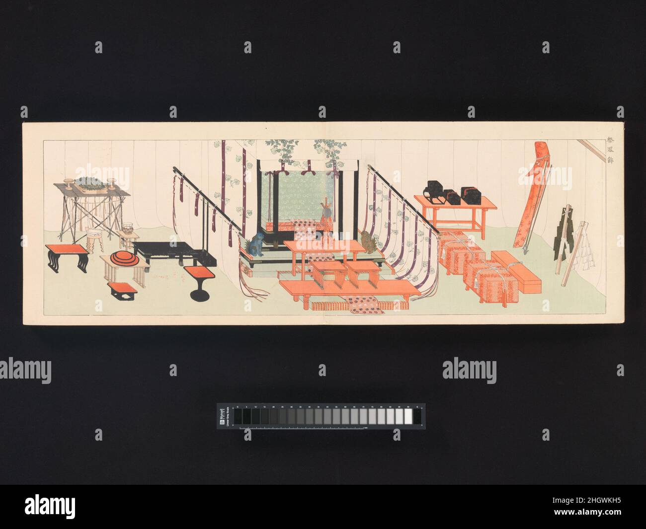 Seize illustrations d'expositions de cérémonies anciennes 1903 Furuya Kōrin ce livre somptueusement illustré en format de luxe illustre l'apparence de la façon dont les résidences d'élite de l'époque prémoderne décoreraient les salles publiques pour des occasions spéciales.L'artiste Furuya Kōrin a pris son nom d'art du grand artiste de Kyoto du XVIIIe siècle Ogata Kōrin, qui est célèbre pour revitaliser l'imagerie du monde littéraire classique comme imaginé par Tawaraya Sōtatsu du XVIIe siècle.Cette fascination du début du XXe siècle pour le passé japonais est une réponse à la modernisation effrénée du pays et des Los Banque D'Images