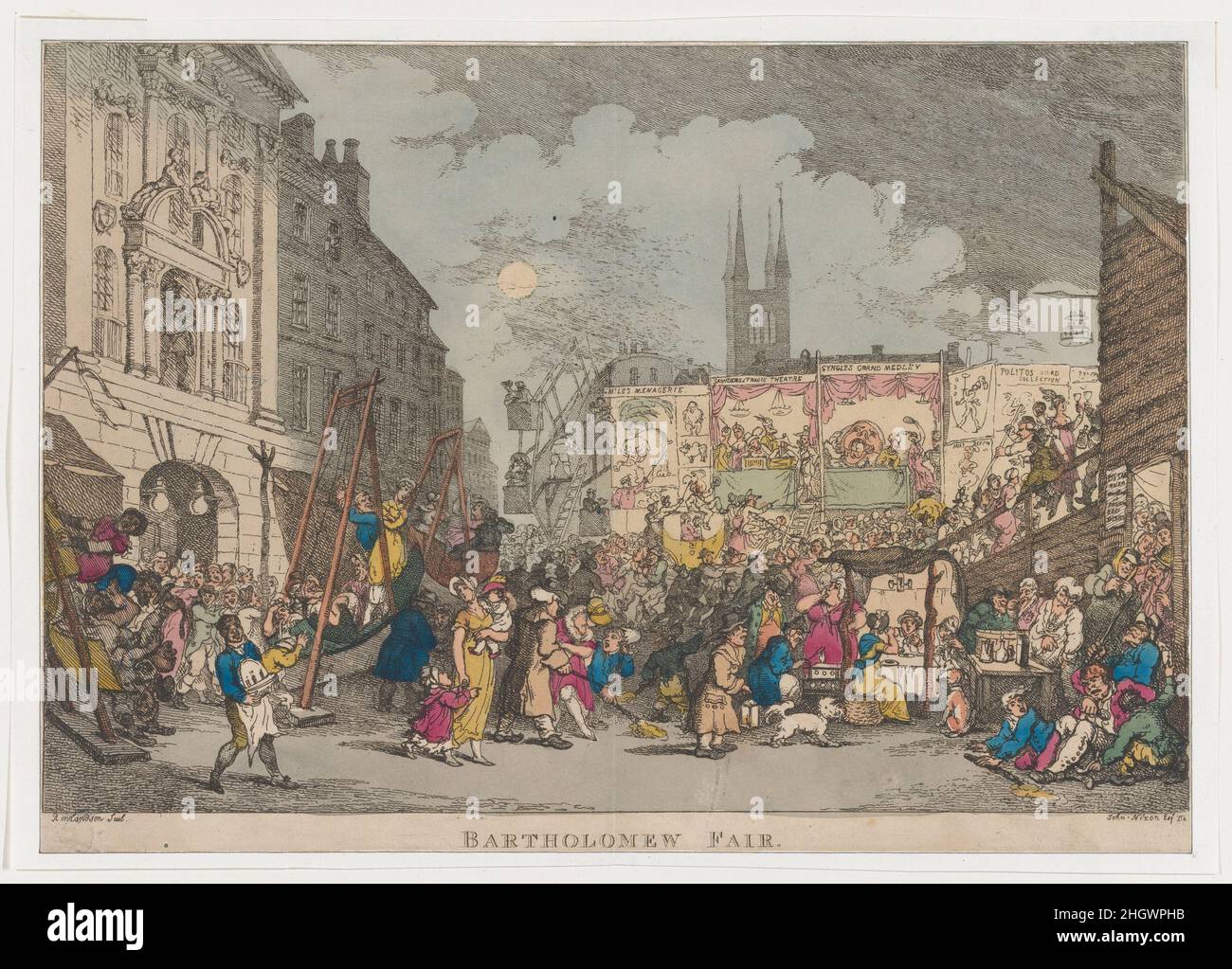 Bartholomew Fair 1807 Joseph Grego, le plus grand catalogueur de Thomas Rowlandson, a écrit de cet imprimé que, à en juger par la caricature, l'abolition des foires dans la ville a dû être une aubaine pour l'ordre public et la moralité.Le bruit, le désordre et la mauvaise règle de la fête se produisent à l'extérieur de l'hôpital.Les balançoires en bateau sont tournantes, quelques-unes... se heurtent à des difficultés... il y a des vendeurs errants de bonbons, de pâtisseries et de telles choses... des stands pour des rafraîchissements... des stands où les tireuses prennent trop de choses... un révélateur qui, se trouvant surmonté d'alcool, s'est posé dans le Banque D'Images