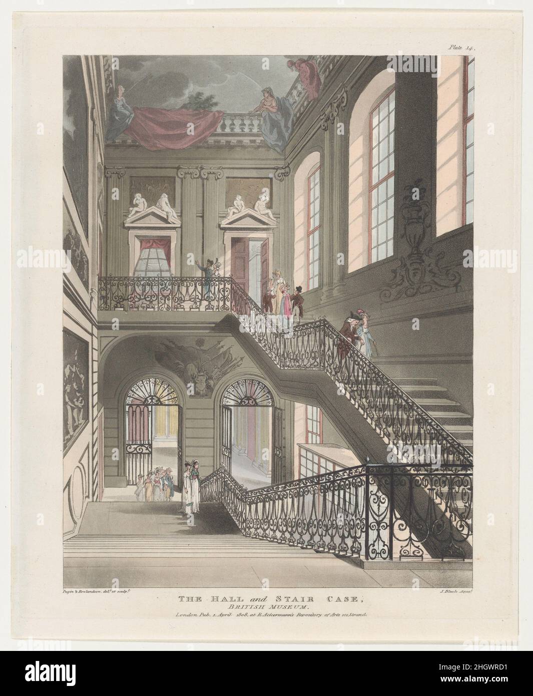 The Hall and Staircase, British Museum 1 avril 1808 conçu et gravé par Thomas Rowlandson le British Museum a été fondé en 1753 et occupe, comme première maison, l'ancienne résidence privée de la fin du XVIIe siècle Montagu House.Là, Rowlandson dépeint l'escalier principal et le hall d'entrée, avec un plafond peint par Charles de la Fosse (1636–1716) représentant « Phaeton exigeant le Chariot du Soleil ».L'artiste français a travaillé à la propriété de 1690 à 92.La collection en croissance rapide signifiait que la maison de Montagu devait être démolie progressivement au début du XIXe siècle à Banque D'Images