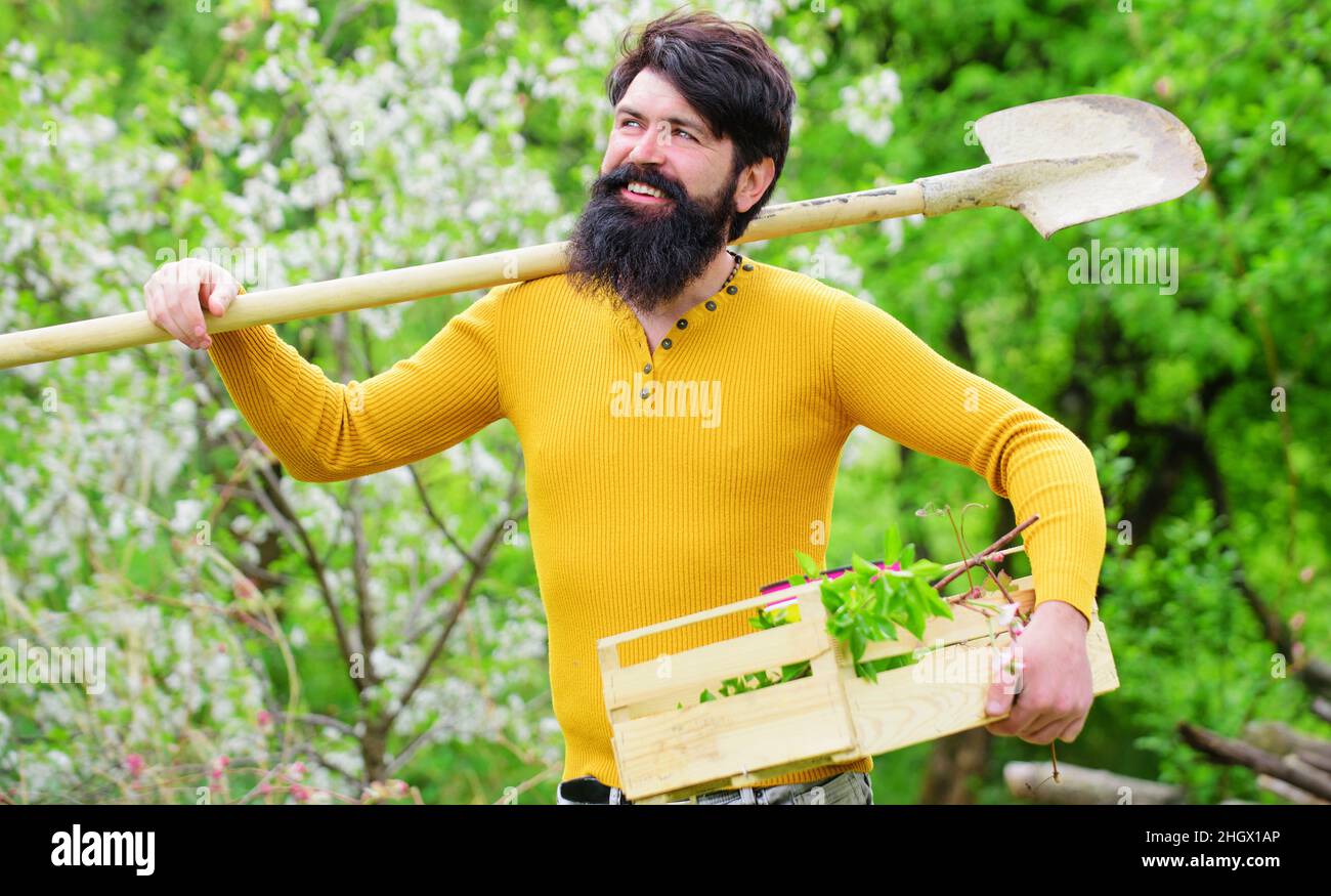 Travail dans le jardin.Homme souriant se préparant à planter.Ressort.Fermier barbu avec pelle de jardinage. Banque D'Images