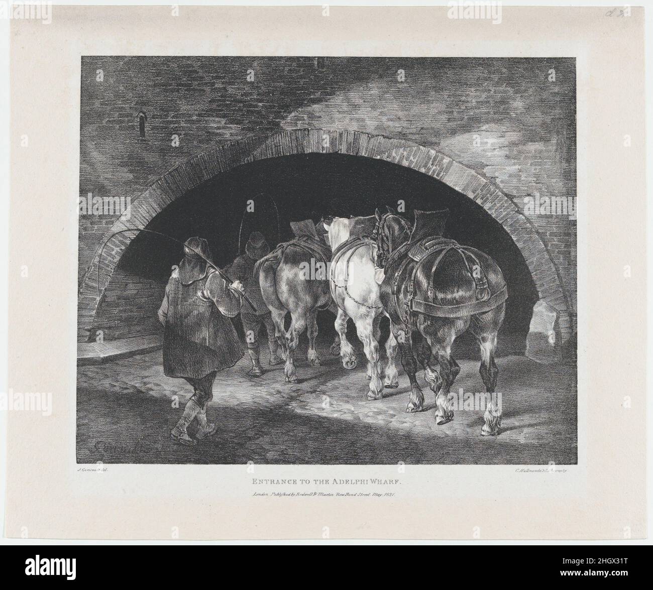 Entrée au quai d'Adelphi 1821 Théodore Gericault Français.Entrée au quai d'Adelphi.Théodore Gericault (français, Rouen 1791–1824 Paris).1821. Lithographie.Rodwell & Martin (Grande-Bretagne, actif 1819–35).Imprime Banque D'Images