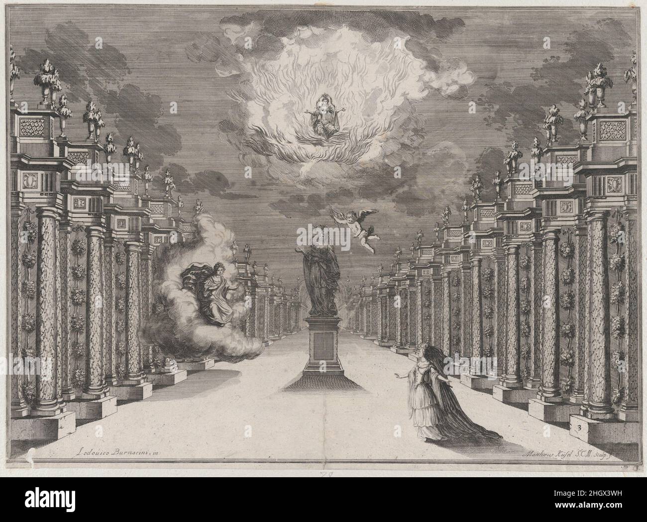 Une femme debout sur le côté droit d'une route bordée de colonnes; au centre d'une statue d'une femelle avec cupidon volant à proximité; à gauche, une femme émergeant des nuages comme une autre se trouve parmi les flammes au-dessus;Décor de 'il Fuoco Eterno' 1674 Mathäus Küsel une des douze assiettes représentant les décors de scène conçus par Lodovico Burnacini pour 'il Fuoco Eterno Custodó Dalle Vestali', un opéra célébrant la naissance de Maria Anna Antonia, archiduchesse d'Autriche en 1672.L'archiduchesse était la fille de l'empereur Léopold I et de sa seconde femme Claudia Felicitas, héritière de Tirol.Composé par Antonio Dr Banque D'Images