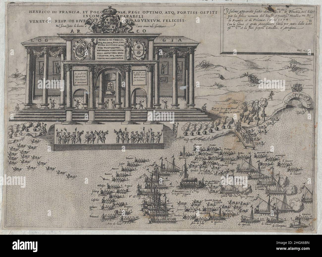 Entrée d’Henri III, roi de France et de Pologne, à Venise 1574 Domenico Zenoi l’entrée du roi Henri à Venise le 18 juillet 1574 marque le début de dix jours de festivités.Cet imprimé donne une idée du spectacle d'eau élaboré mis en scène pour le saluer.Le navire qui a transporté le roi est montré au centre de la flotte.Il s'agissait d'un des quarante navires de ce type, chacun étant identifié sur l'imprimé selon la guilde qui l'a parrainé.Plus tard dans les célébrations il y avait des courses de mer et un tableau de "dieux de l'aïd" est venu jouer de la musique à Henri.Cette gravure a été faite l'année de l'pair Banque D'Images