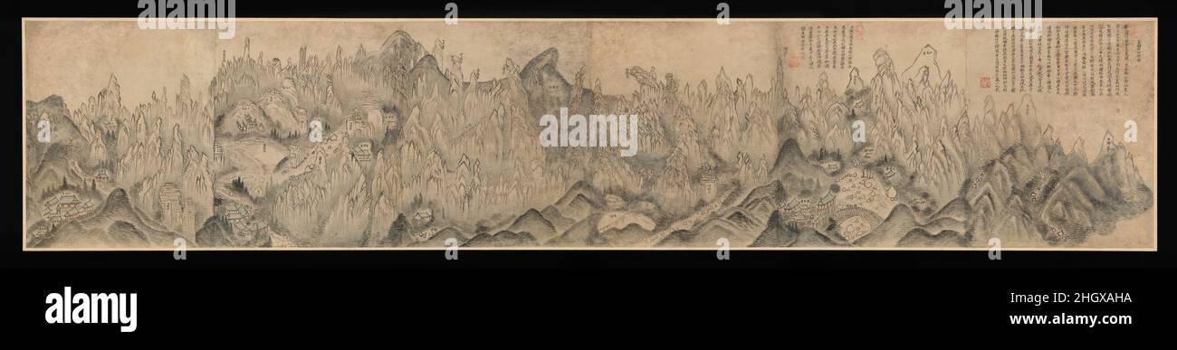 Vue générale de l'intérieur de Geumgang mi-19th siècle Sin Hak-gagon (nom de l'artiste: Doam) ce paysage panoramique de la section intérieure de Geumgang, ou les montagnes de diamants, se déploie de droite à gauche à côté des pics rocheux, des collines ondulantes, des ruisseaux, et des temples bouddhistes.Dans ce cas, quarante-six sites bien connus sont identifiés par leur nom.La juxtaposition de Sin Hak-gagon des collines couvertes d'arbres au premier plan, délimitées par des lavages et des coups courts, et des pics déchiquetés au fond, fait délibérément écho au style de Jeong Seon (1676–1759), un peintre renommé pour ses images de Geumgang que Sin admirait grandement Banque D'Images Vue générale de l'intérieur de Geumgang mi-19th siècle Sin Hak-gagon (nom de l'artiste: Doam) ce paysage panoramique de la section intérieure de Geumgang, ou les montagnes de diamants, se déploie de droite à gauche à côté des pics rocheux, des collines ondulantes, des ruisseaux, et des temples bouddhistes.Dans ce cas, quarante-six sites bien connus sont identifiés par leur nom.La juxtaposition de Sin Hak-gagon des collines couvertes d'arbres au premier plan, délimitées par des lavages et des coups courts, et des pics déchiquetés au fond, fait délibérément écho au style de Jeong Seon (1676–1759), un peintre renommé pour ses images de Geumgang que Sin admirait grandement Banque D'Images
