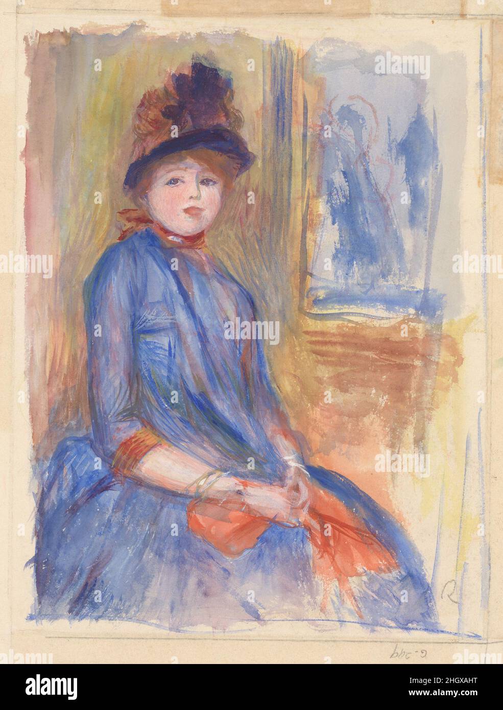 Jeune fille dans une robe bleue ca.1890 Auguste Renoir Français cette  aquarelle est un chef-d'œuvre de portraits spontanés.La superposition  précise d'aquarelles et de gouache crée des variations tonales délicates  dans le contexte