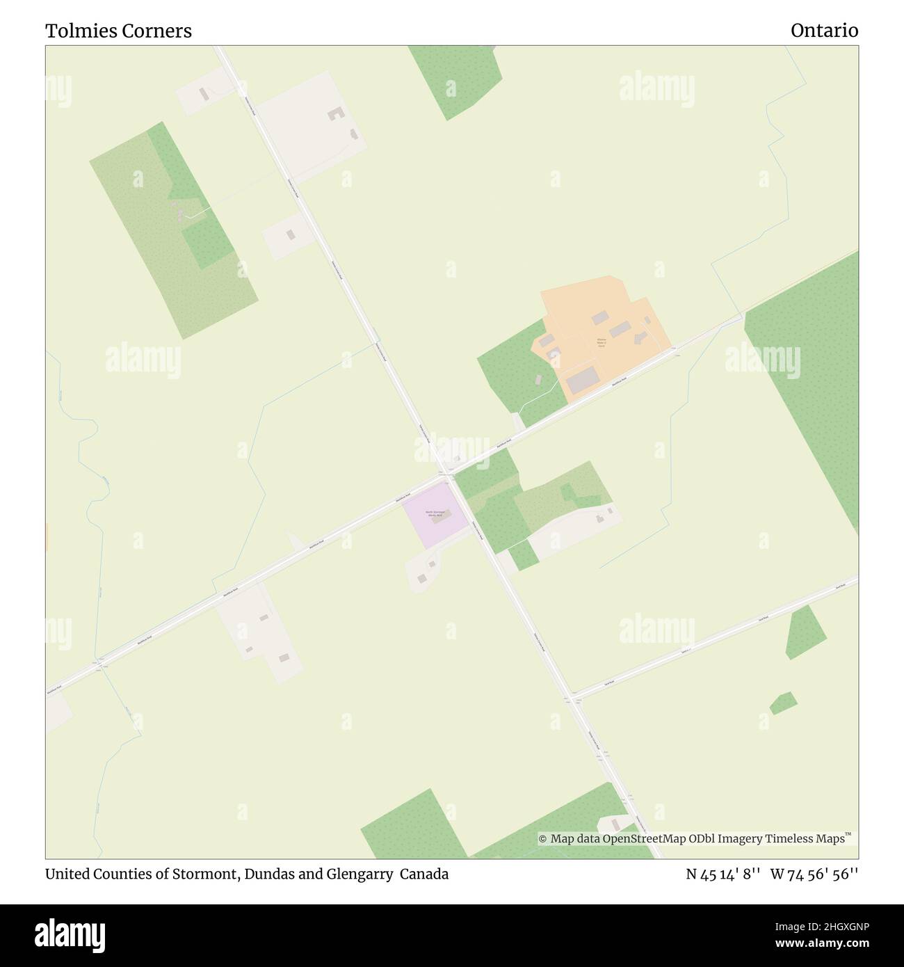 Tolmies Corners, comtés Unis de Stormont, Dundas et Glengarry, Canada, Ontario, N 45 14' 8'', W 74 56' 56'', carte, carte intemporelle publiée en 2021.Les voyageurs, les explorateurs et les aventuriers comme Florence Nightingale, David Livingstone, Ernest Shackleton, Lewis et Clark et Sherlock Holmes se sont appuyés sur des cartes pour planifier leurs voyages dans les coins les plus reculés du monde. Timeless Maps dresse la carte de la plupart des sites du monde, montrant ainsi la réalisation de grands rêves Banque D'Images