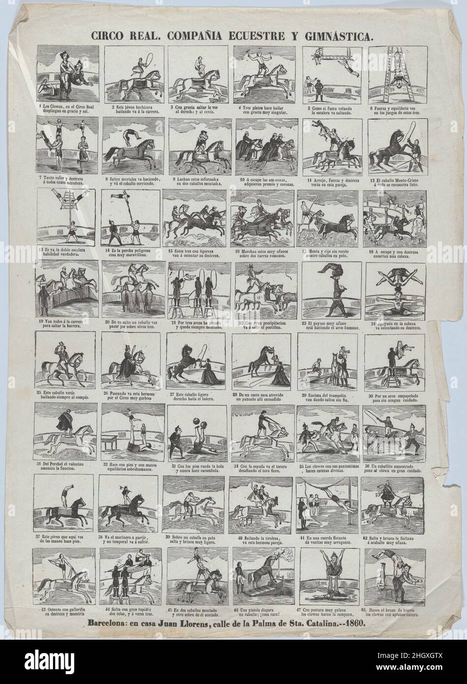 Grand écran avec 48 scènes représentant les mouvements équestres et gymnastiques du cirque royal 1860 Juan Llorens Espagnol.Grand écran avec 48 scènes représentant les mouvements équestres et gymnastiques du cirque royal.1860. Gravure en bois.Juan Llorens (espagnol, Barcelone active, ca.1855–70).Imprime Banque D'Images