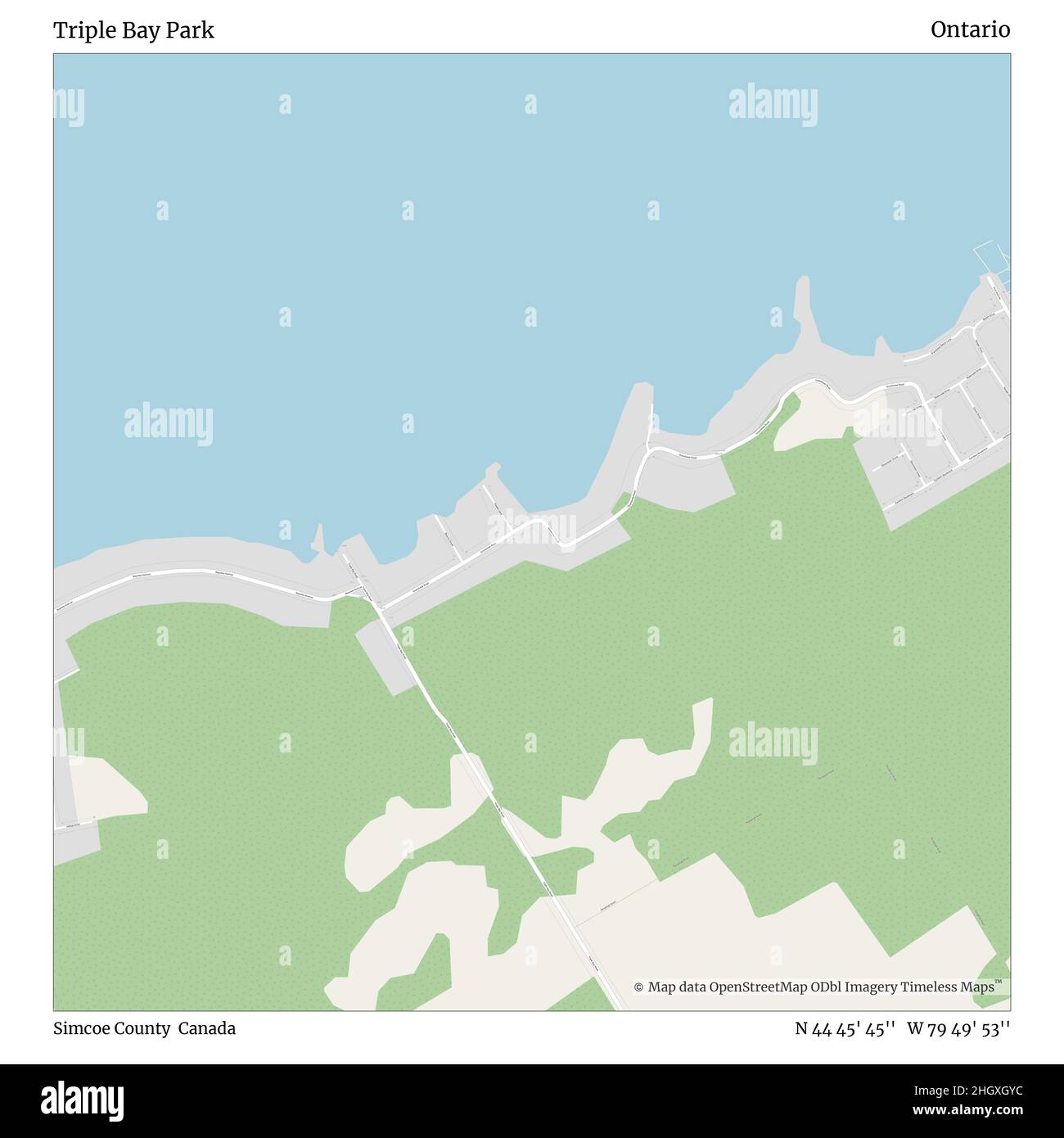 Parc Triple Bay, comté de Simcoe, Canada, Ontario, N 44 45' 45'', W 79 49' 53'', carte, carte intemporelle publiée en 2021.Les voyageurs, les explorateurs et les aventuriers comme Florence Nightingale, David Livingstone, Ernest Shackleton, Lewis et Clark et Sherlock Holmes se sont appuyés sur des cartes pour planifier leurs voyages dans les coins les plus reculés du monde. Timeless Maps dresse la carte de la plupart des sites du monde, montrant ainsi la réalisation de grands rêves Banque D'Images