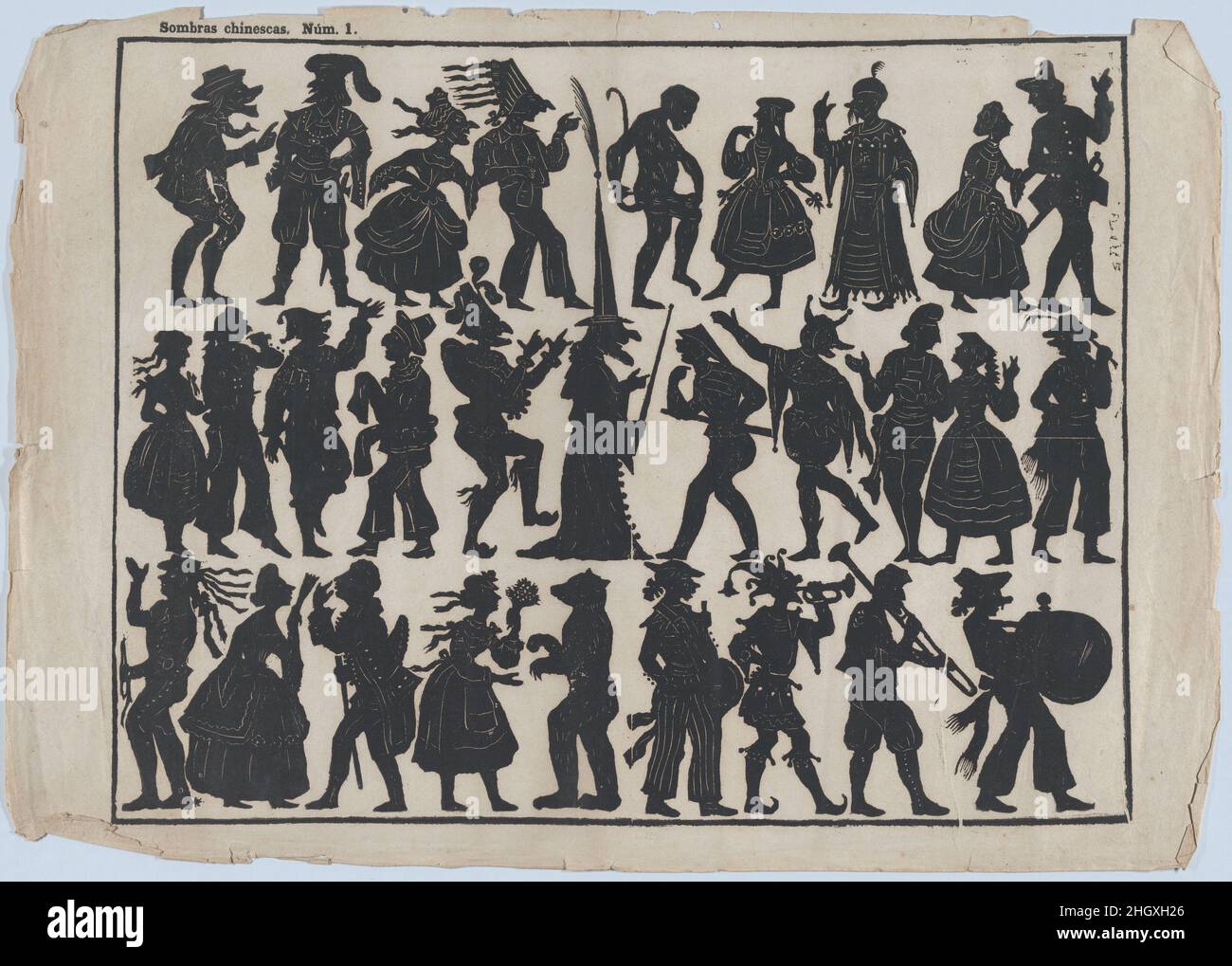 Feuille 1 de figures pour marionnettes à ombre chinoises ca.1850–70 peut-être Juan Llorens.Feuille 1 de figures pour marionnettes à ombre chinoises. CA.1850–70.Coupe de bois.Peut-être Juan Llorens (espagnol, Barcelone active, ca.1855–70).Imprime Banque D'Images