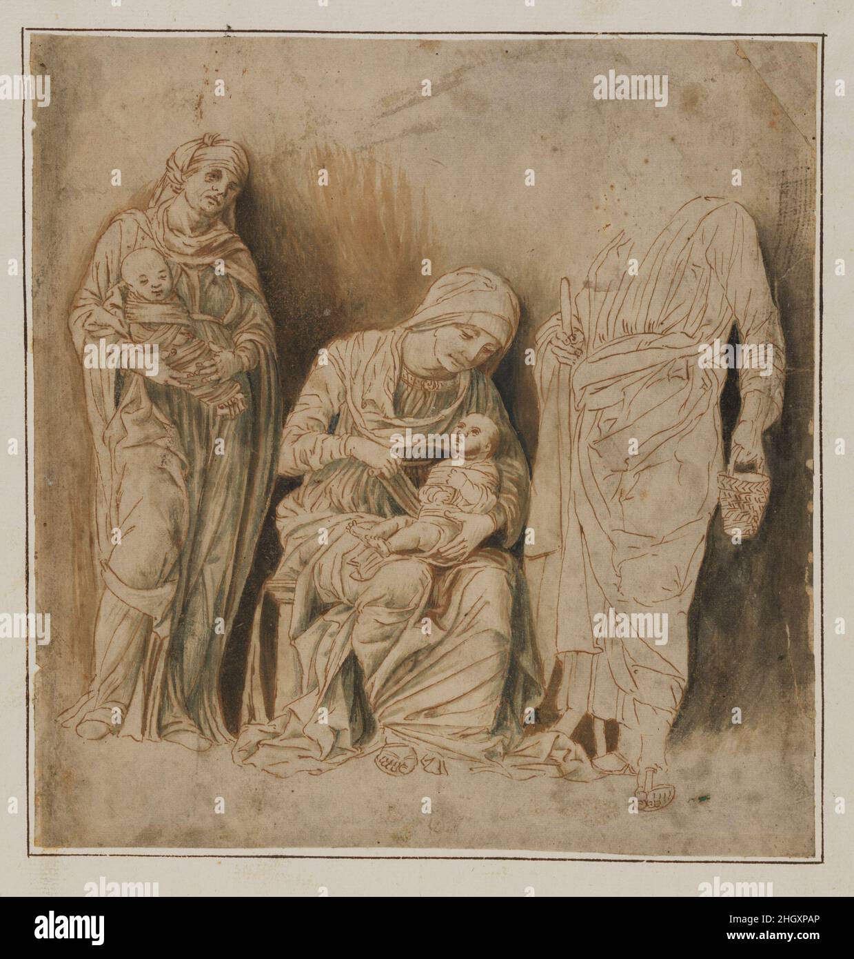 La Sainte famille avec Saint Elizabeth et le bébé Jean-Baptiste début 16th siècle Follower d'Andrea Mantegna la composition de ce dessin est étroitement liée à une rare gravure attribuée à Giovanni Maria da Brescia, le disciple d'Andrea Mantegna.Il peut s'agir d'un exemple, non rare en Vénétie, d'une feuille non finie exécutée en préparation d'une gravure.La technique plutôt raide, schématique de stylo peut être expliquée comme une tentative de guider le graveur travaillant avec un burin.La Sainte famille avec Saint Elizabeth et le bébé Jean-Baptiste.Disciple d'Andrea Mantegna (Ital Banque D'Images