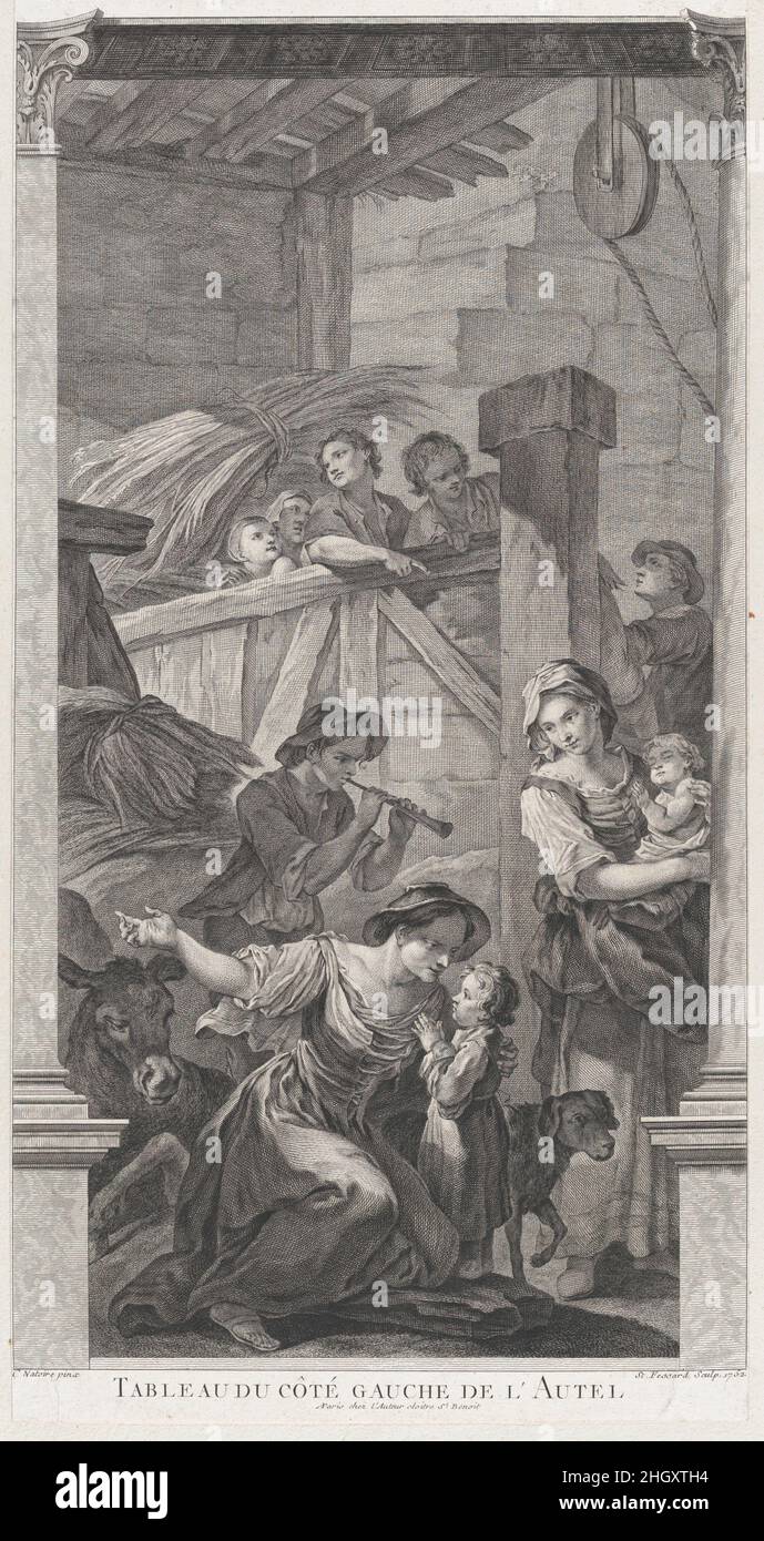 La Chapelle des enfants-Troubés à Paris : l'adoration des bergers 1752 Etienne Fessard à partir d'une série de quinze assiettes gravées par Fessard après les peintures de Natoire dans la Chapelle des enfants-Troubés à Paris.La chapelle fut construite en 1746-50 sur la base de dessins de Germain Boffrand, mais détruite au 19th siècle.L'autel principal a représenté l'adoration des Mages et les scènes secondaires ont inclus les enfants et les religieuses de l'orphelinat comme spectateurs.Les scènes de Natoire ont été définies dans des décors en trompe l’œil peints par Paolo Antonio et Gaetano Brunetti, donnant l’illusion que le spectateur était St Banque D'Images