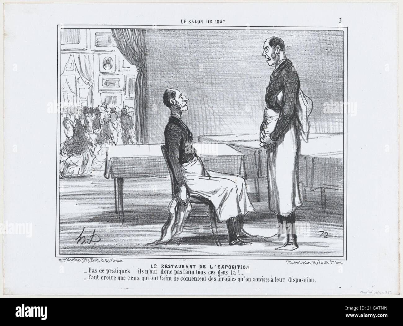 Le Restaurant de l'exposition, du salon de 1857, publié dans le Charivari, 1 juillet 1857 1 juillet 1857 Honoré Daumier Français.Le Restaurant de l'exposition, du salon de 1857, publié dans le Charivari, 1 juillet 1857.Les salons de 1857.Honoré Daumier (français, Marseille 1808–1879 Valmondois).1 juillet 1857.Lithographie; troisième état de trois (Delteil).Aaron Martinet (français, 1762–1841).Imprime Banque D'Images