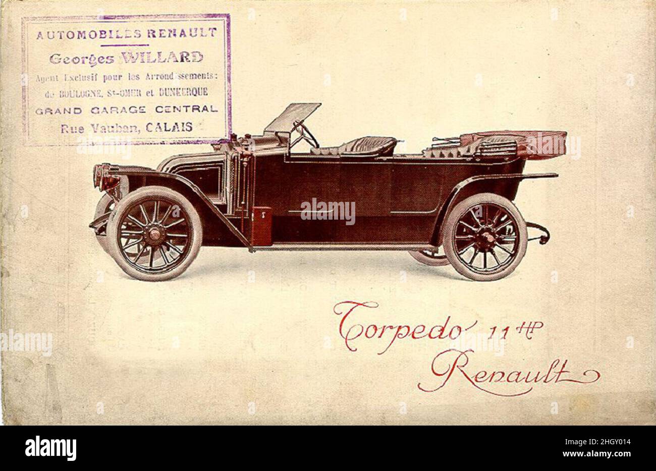 Une affiche publicitaire vintage pour la voiture Renault Torpedo Banque D'Images