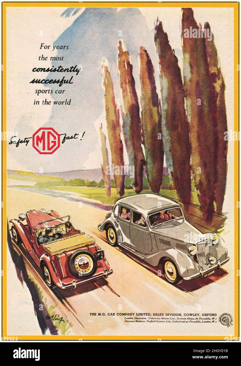 Affiche publicitaire vintage pour LES VOITURES MG Banque D'Images