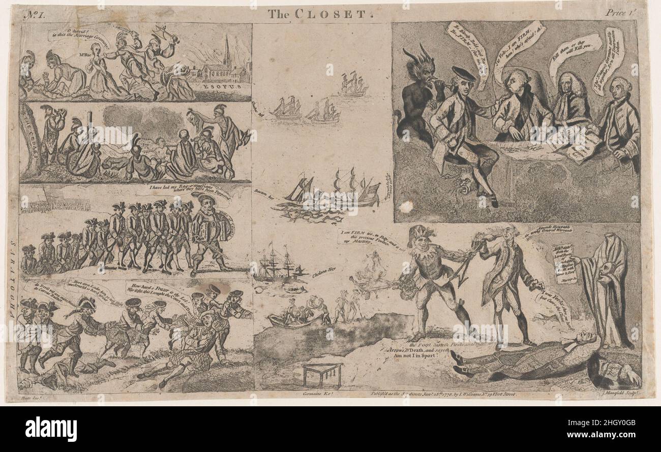 Le placard janvier 28, 1778 Anonyme, britannique, 18th siècle britannique six scènes qui commentent sur la Révolution américaine apparaissent ici dans différents compartiments.Les images suggèrent que la tyrannie, les échecs militaires et les atrocités ont résulté de l'influence sur George III de ses ministres John Stuart, le comte de Bute, Lord Mansfield et Lord Germain.Le placard.Anonyme, britannique, 18th siècle.28 janvier 1778.Gravure et aquatint.John Williams (actif à Londres, 1762–79).Imprime Banque D'Images