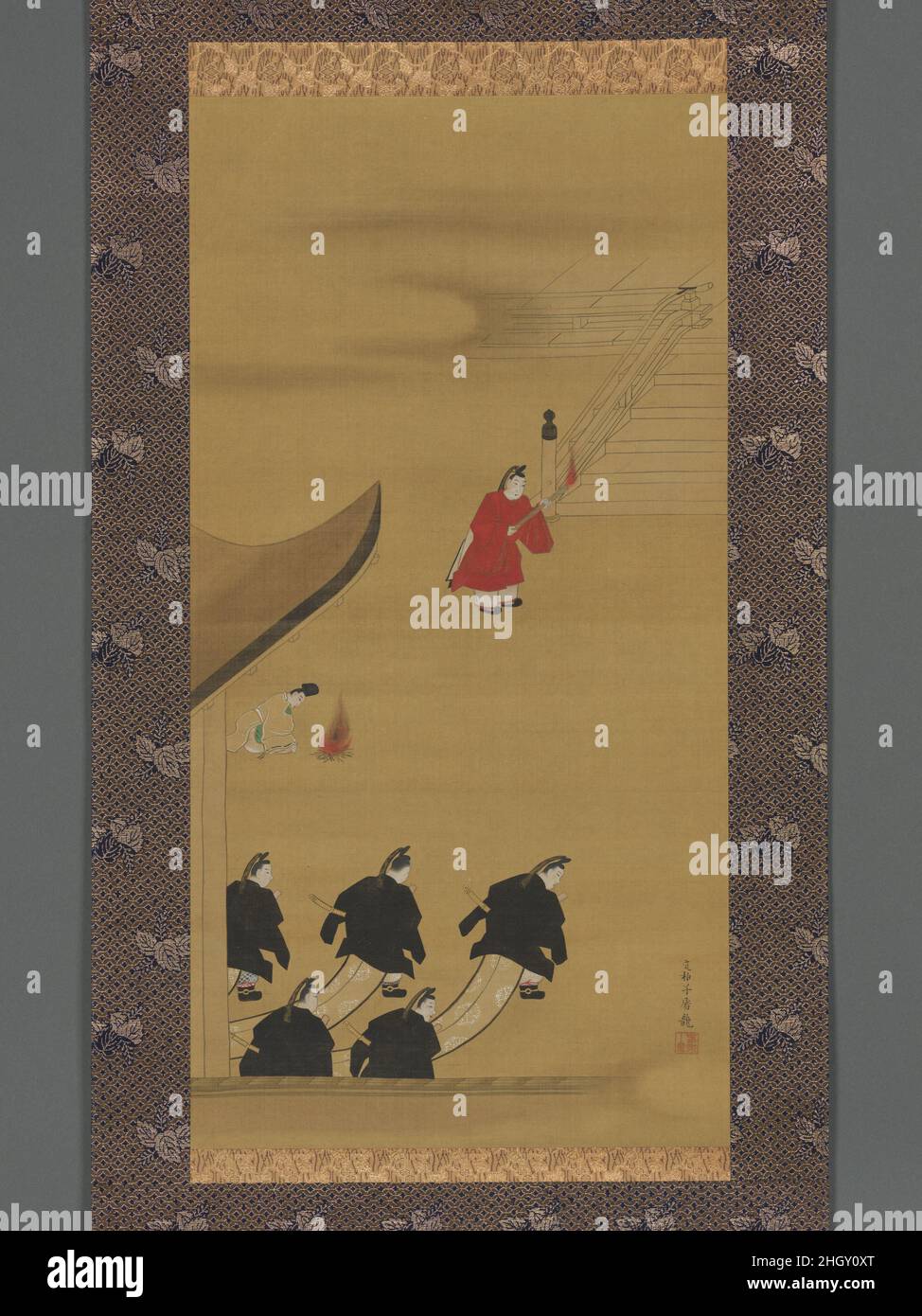 Activités des douze mois fin 1790s Sakai H?itsu ce groupe de onze manuscrits appartenait à l'origine à un ensemble de 12 représentant les coutumes et objets japonais associés aux mois de l'année.Deux représentent des activités traditionnelles : le rituel impérial du Premier mois, connu sous le nom de Shih?hai, dans lequel l'empereur et les officiels adorent les quatre directions cardinales, et la célébration du "Shichi-Go-san mairi" au onzième mois pour les garçons de trois et cinq ans et les filles de cinq et sept ans.D'autres peintures représentent des objets tels que la boule parfumée ornementale, ou kusudama, utilisée dans fes Banque D'Images