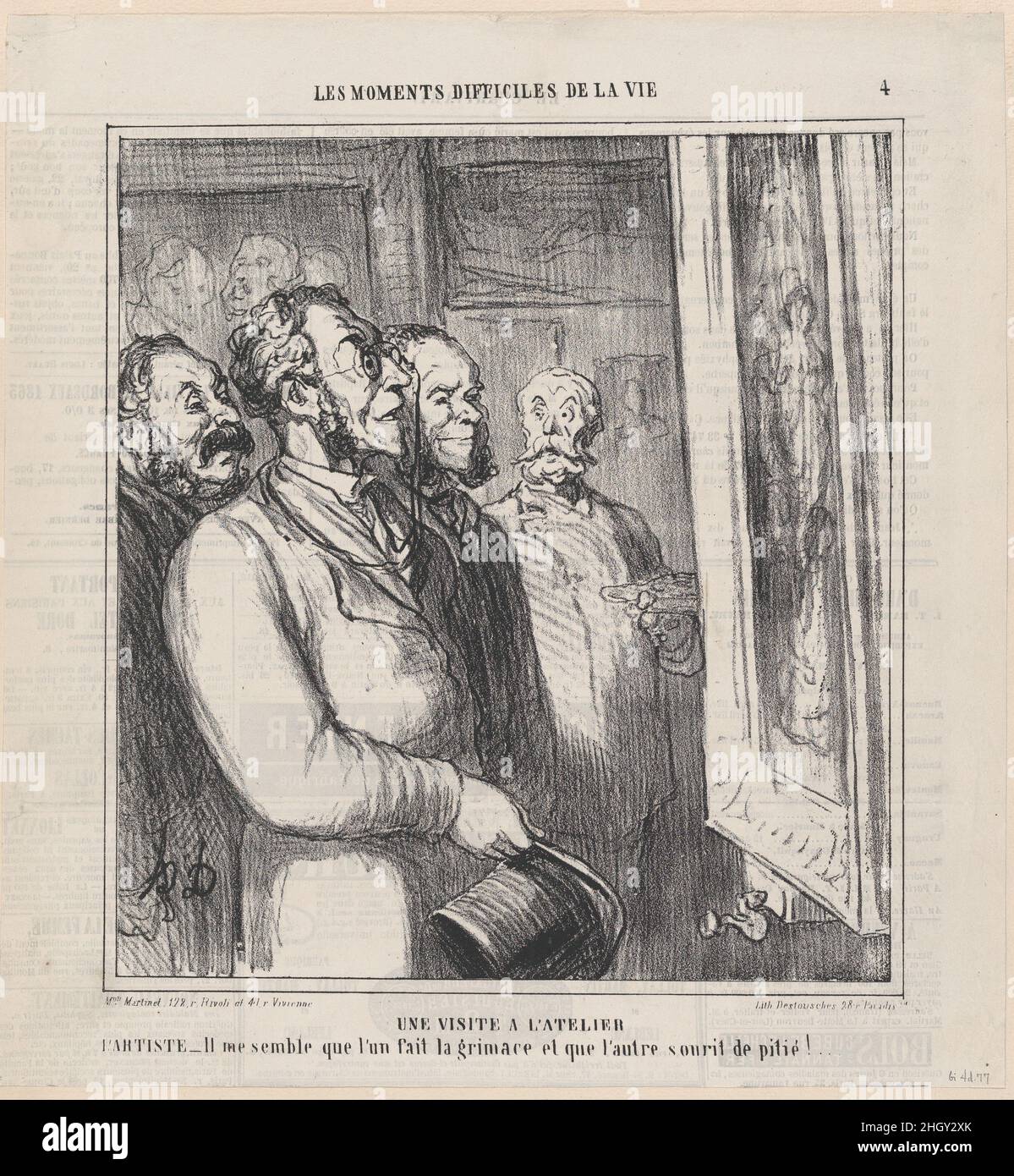 Une visite au studio, de "les moments difficiles de la vie", publié dans le Charivari, 28-29 mars 1864 28-29 mars 1864 Honoré Daumier l'artiste: Il me semble que l'un d'eux fait un visage tandis que l'autre sourit avec pitié.Une visite au studio, de "les moments difficiles de la vie", publié dans le Charivari, du 28 au 29 mars 1864.« les moments difficiles de la vie » (les moments difficiles de la vie).Honoré Daumier (français, Marseille 1808–1879 Valmondois).Du 28 au 29 mars 1864.Lithographie sur papier journal; deuxième état de deux (Delteil).Imprime Banque D'Images