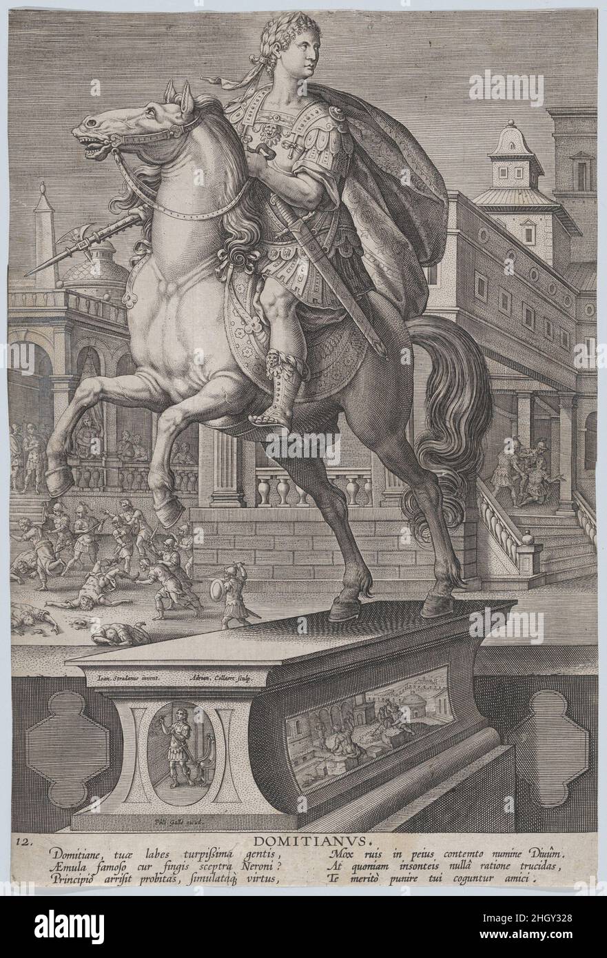 Assiette 12: Statue équestre de Domitian, vue trois quarts à gauche, avec sa mort poignante à droite en arrière-plan, de 'Emperors romains sur l'équitation' ca.1587–89 Adriaen Collaert.Assiette 12: Statue équestre de Domitian, vue trois quarts à gauche, avec sa mort poignante à droite en arrière-plan, de 'Empereurs romains à cheval'.« Empereurs romains à cheval ».Adriaen Collaert (pays-Bas, Anvers, env.1560–1618 Anvers). Env.1587–89.Gravure.Philips Galle (pays-Bas, Haarlem 1537–1612 Anvers).Imprime Banque D'Images