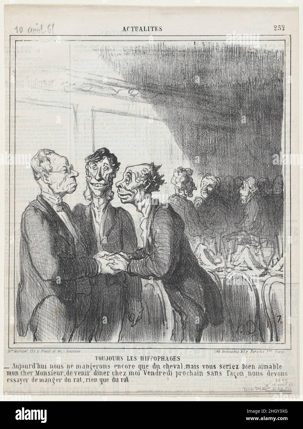 Parmi les deux huissiers de presse, de "nouvelles du jour", publié dans le Charivari, 11 mars 1865 11 mars 1865 Honoré Daumier - mon pauvre collègue, je crois que nous devrions mieux chercher un autre emploi.- Oui, ... ici, nous sommes, notre carrière prometteuse interrompue.Parmi deux huissiers, de 'News of the Day', publié dans le Charivari, 11 mars 1865.'Nouvelles du jour' (Actualités).Honoré Daumier (français, Marseille 1808–1879 Valmondois).11 mars 1865.Lithographie sur papier journal; deuxième état de deux (Delteil).Aaron Martinet (français, 1762–1841).Imprime Banque D'Images