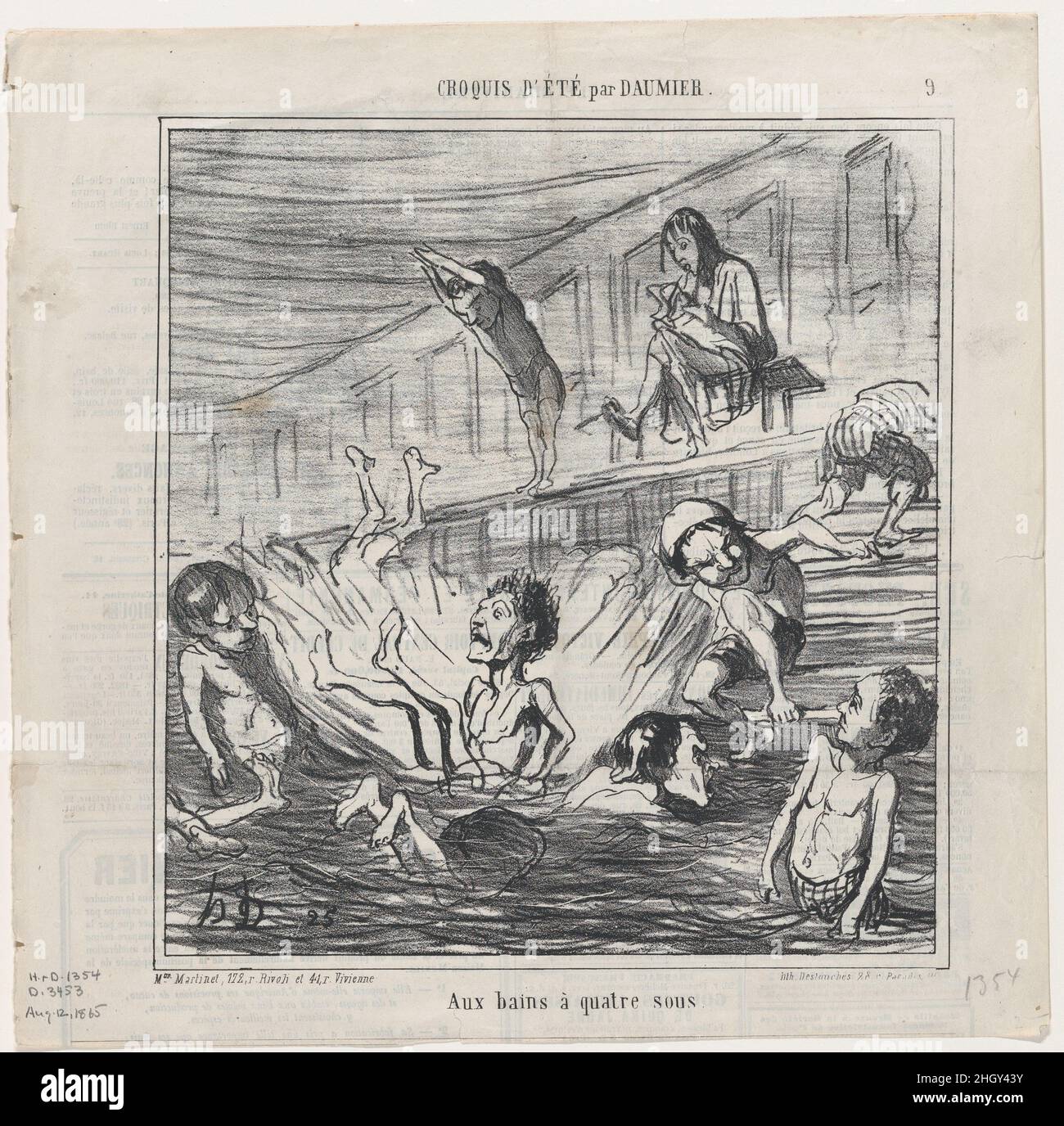 Aux bains de quatre penny, de "Summer sketches", publié dans le Charivari, 12 août 1865 12 août 1865 Honoré Daumier.Aux bains de quatre penny, de 'Summer sketches', publié dans le Charivari, 12 août 1865.'Esquisses' (croquis d'été).Honoré Daumier (français, Marseille 1808–1879 Valmondois).12 août 1865.Lithographie sur papier journal; deuxième état de deux (Delteil).Aaron Martinet (français, 1762–1841).Imprime Banque D'Images