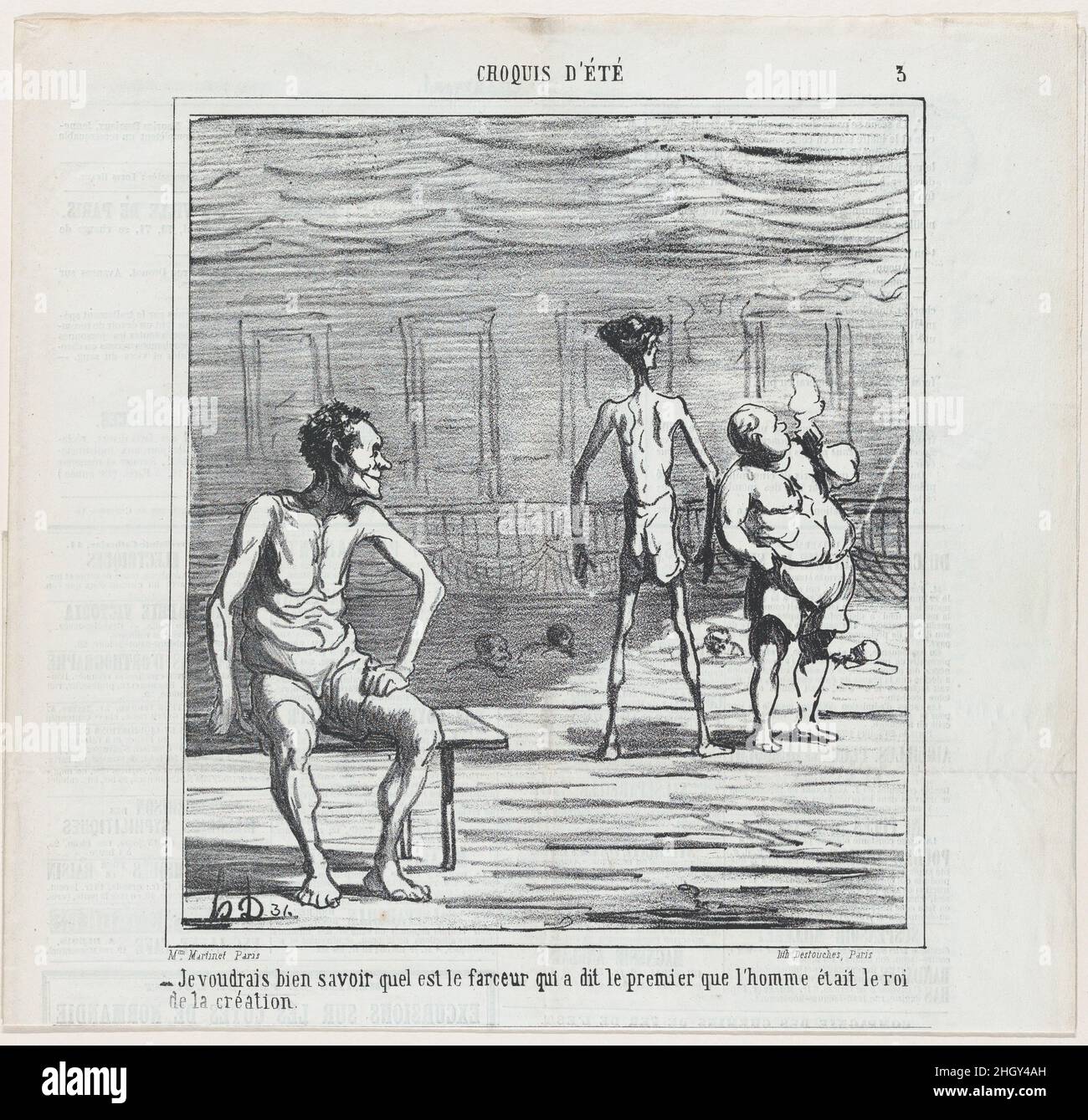 Je me demande juste qui aurait pu être le joker qui a insisté sur le fait que l'homme était au sommet de la création, d'après "Summer sketches", publié dans le Charivari, 24 juillet, 1865 juillet 24, 1865 Honoré Daumier.Je me demande juste qui aurait pu être le joker qui a insisté sur le fait que l'homme était au sommet de la création, d'après « Summer sketches », publié dans le Charivari, le 24 juillet 1865.'Esquisses' (croquis d'été).Honoré Daumier (français, Marseille 1808–1879 Valmondois).24 juillet 1865.Lithographie sur papier journal; deuxième état de deux (Delteil).Aaron Martinet (français, 1762–1841).Imprime Banque D'Images