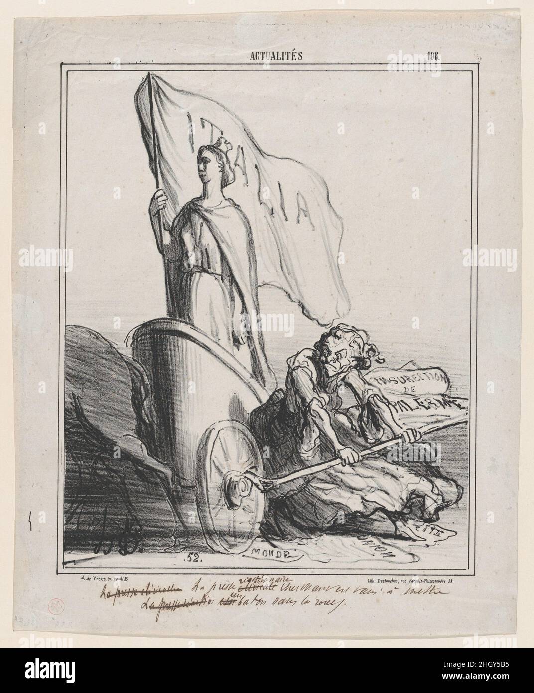 La presse réactionnaire, essayant en vain de coincer les roues, de 'nouvelles du jour,' publié dans le Charivari, 23 octobre, 1866 octobre 23, 1866 Honoré Daumier.La presse réactionnaire, essayant en vain de bloquer les roues, de 'News of the Day', publié dans le Charivari, 23 octobre 1866.'Nouvelles du jour' (Actualités).Honoré Daumier (français, Marseille 1808–1879 Valmondois).23 octobre 1866.Lithographie et stylo et encre brune sur papier vélin; deuxième état de trois, épreuve (Delteil).Arnaud de Vresse.Imprime Banque D'Images