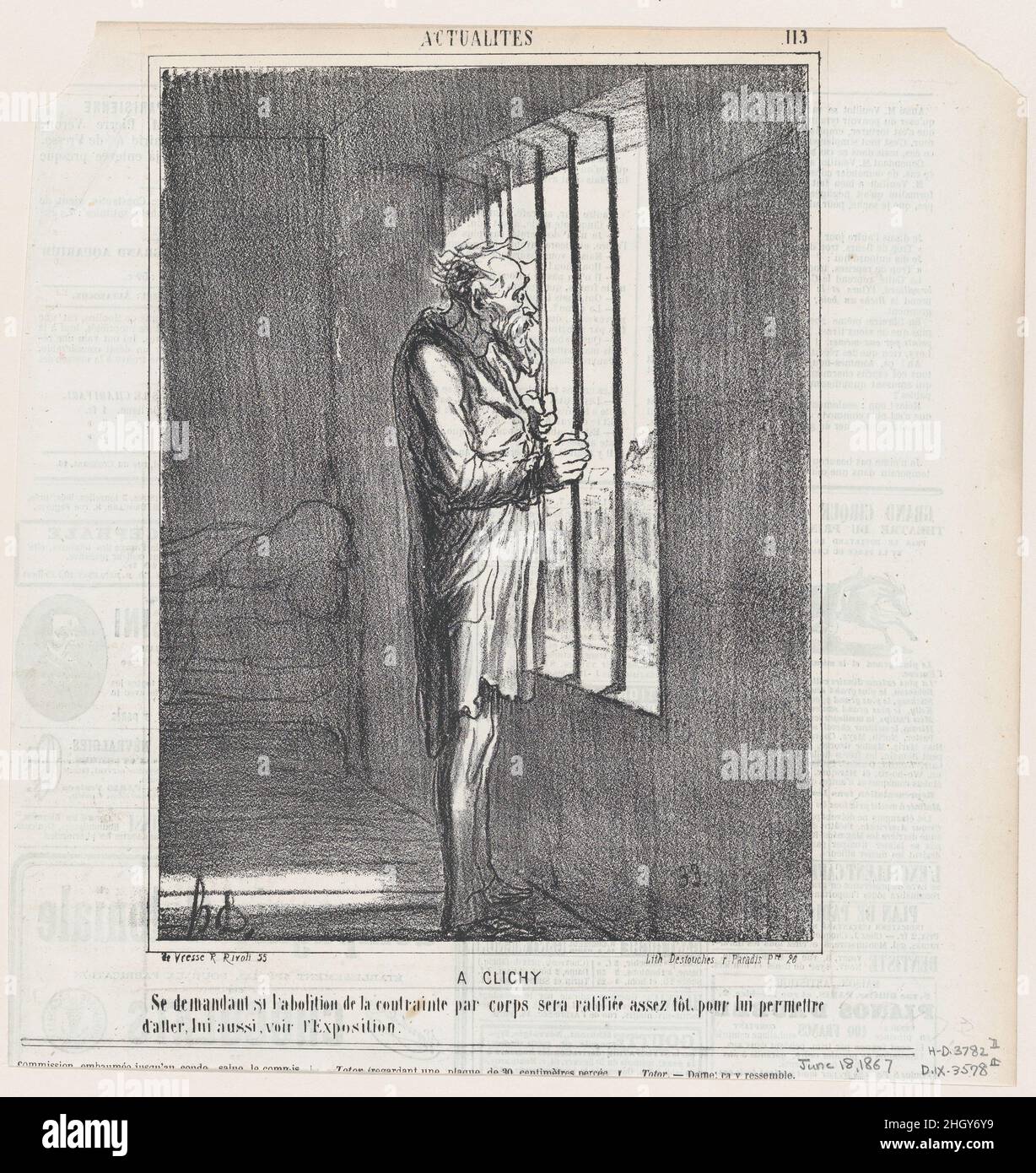 Dans Clichy: Se demander si l'abrogation de la sentence sera rapidement ratifiée, pour lui permettre de voir l'exposition, de 'nouvelles du jour,' publié dans le Charivari, 18 juin, 1867 juin 18, 1867 Honoré Daumier.Dans Clichy: Se demander si l'abrogation de la peine sera rapidement ratifiée, pour lui permettre de voir l'exposition, de 'nouvelles du jour,' publié dans le Charivari, 18 juin 1867.'Nouvelles du jour' (Actualités).Honoré Daumier (français, Marseille 1808–1879 Valmondois).18 juin 1867.Lithographie sur papier journal; deuxième état de deux (Delteil).Arnaud de Vresse.Imprime Banque D'Images