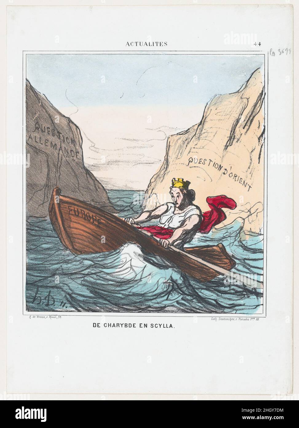 De Scylla à Charybdis, de 'News of the Day', publié dans le Charivari, 20 mars 1869 20 mars 1869 Honoré Daumier.De Scylla à Charybdis, de 'News of the Day', publié dans le Charivari, 20 mars 1869.'Nouvelles du jour' (Actualités).Honoré Daumier (français, Marseille 1808–1879 Valmondois).20 mars 1869.Lithographie de couleur sur papier vélin; troisième état de trois (Delteil).Arnaud de Vresse.Imprime Banque D'Images