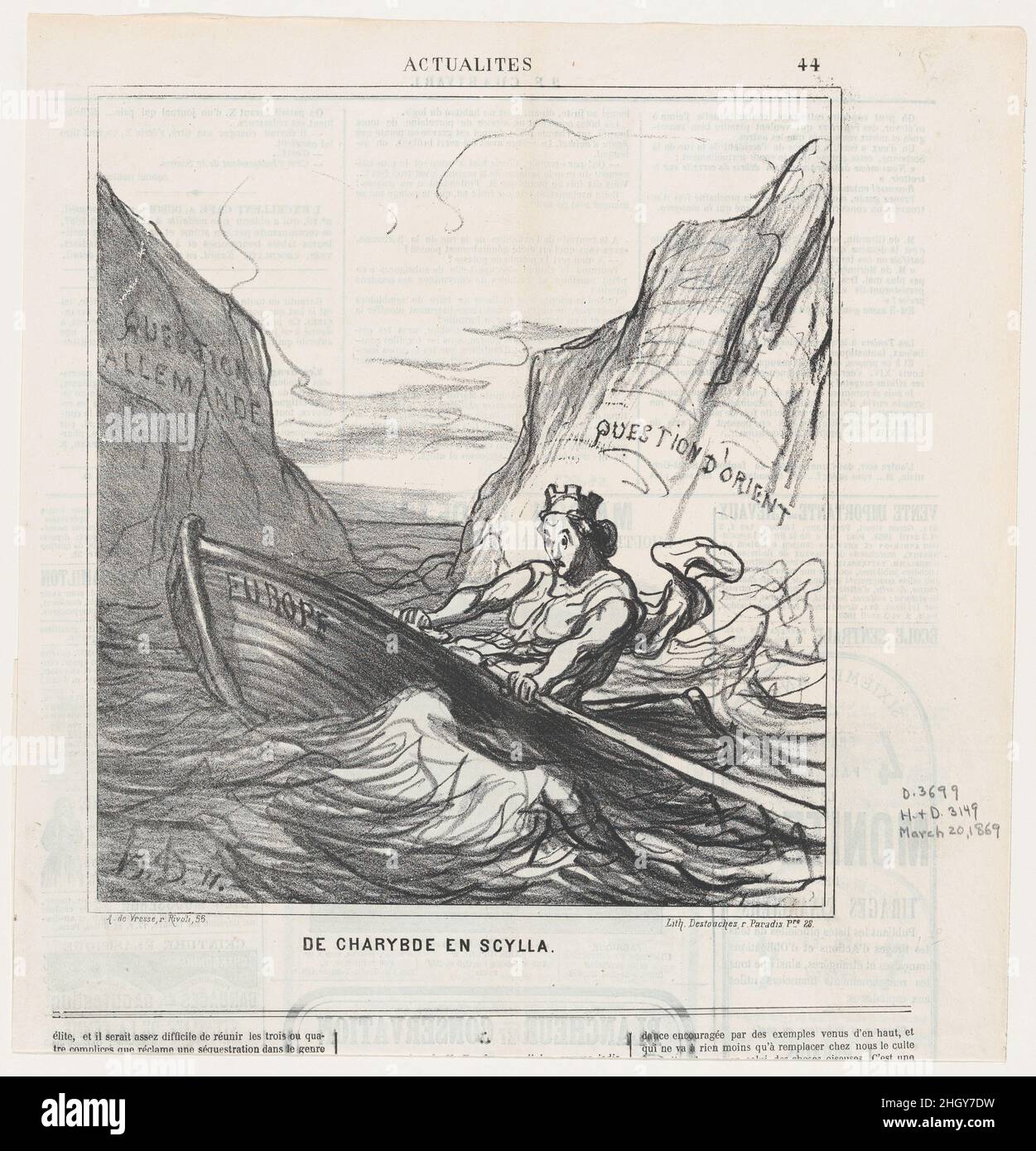 De Scylla à Charybdis, de 'News of the Day', publié dans le Charivari, 20 mars 1869 20 mars 1869 Honoré Daumier.De Scylla à Charybdis, de 'News of the Day', publié dans le Charivari, 20 mars 1869.'Nouvelles du jour' (Actualités).Honoré Daumier (français, Marseille 1808–1879 Valmondois).20 mars 1869.Lithographie sur papier journal; troisième état de trois (Delteil).Arnaud de Vresse.Imprime Banque D'Images