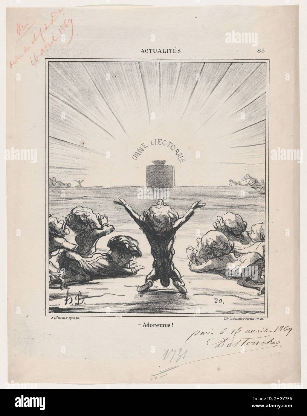 Nous vous adorons, bien-aimé électeur, de 'nouvelles du jour,' publié dans le Charivari, 5 mai, 1869 mai 5, 1869 Honoré Daumier.Nous vous adorons, bien-aimé électeur, de 'nouvelles du jour,' publié dans le Charivari, 5 mai 1869.'Nouvelles du jour' (Actualités).Honoré Daumier (français, Marseille 1808–1879 Valmondois).5 mai 1869.Lithographie, stylo et encre brune, et crayon rouge sur papier journal; troisième état de quatre, épreuve (Delteil).Arnaud de Vresse.Imprime Banque D'Images