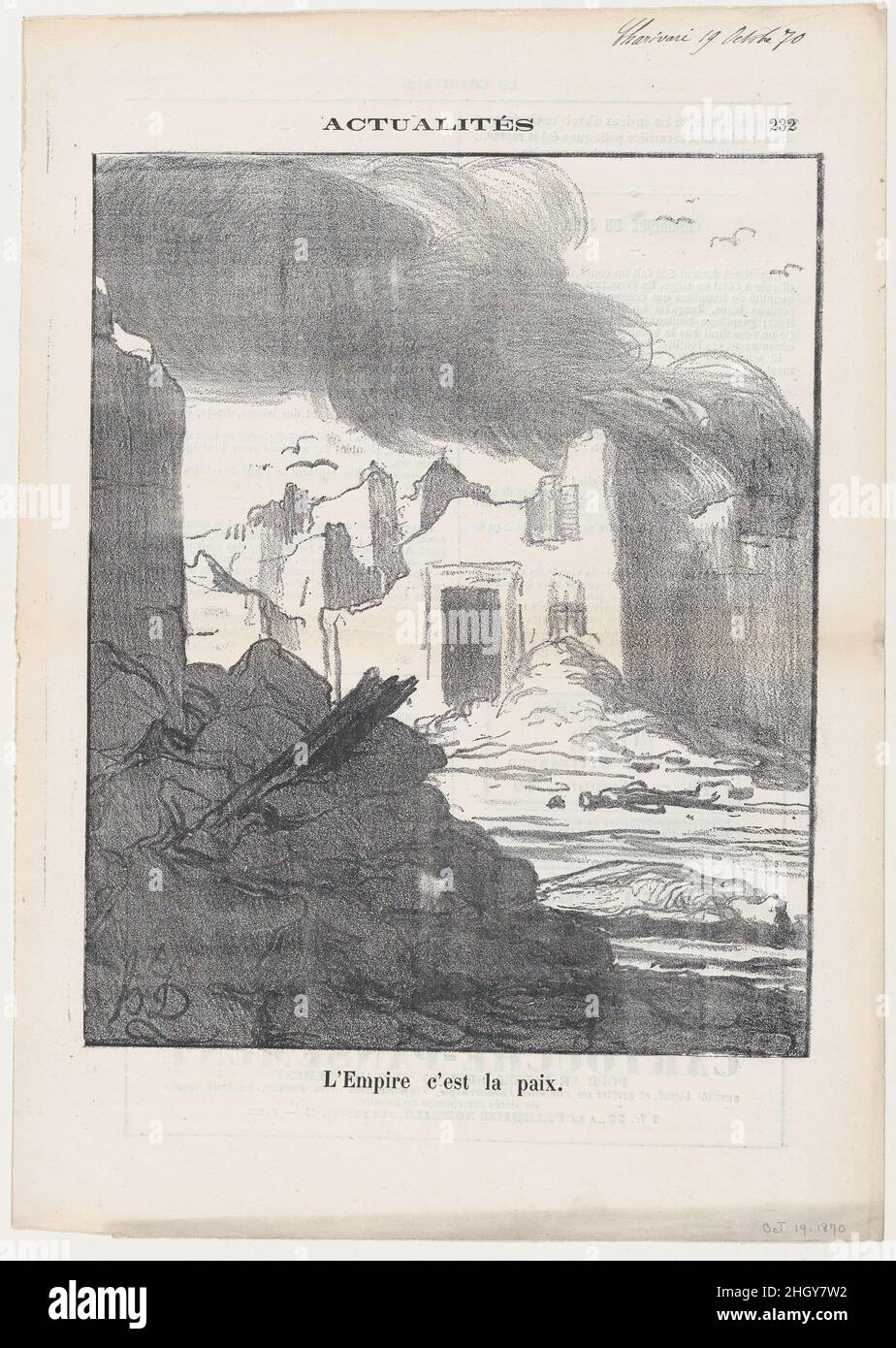 L'Empire signifie la paix, d'après « nouvelles du jour », publié dans le Charivari, 19 octobre 1870 octobre 19, 1870 Honoré Daumier.L'Empire signifie la paix, d'après « nouvelles du jour », publié dans le Charivari, 19 octobre 1870.'Nouvelles du jour' (Actualités).Honoré Daumier (français, Marseille 1808–1879 Valmondois).19 octobre 1870.Lithographie sur papier journal; deuxième état de trois (Delteil).Imprime Banque D'Images