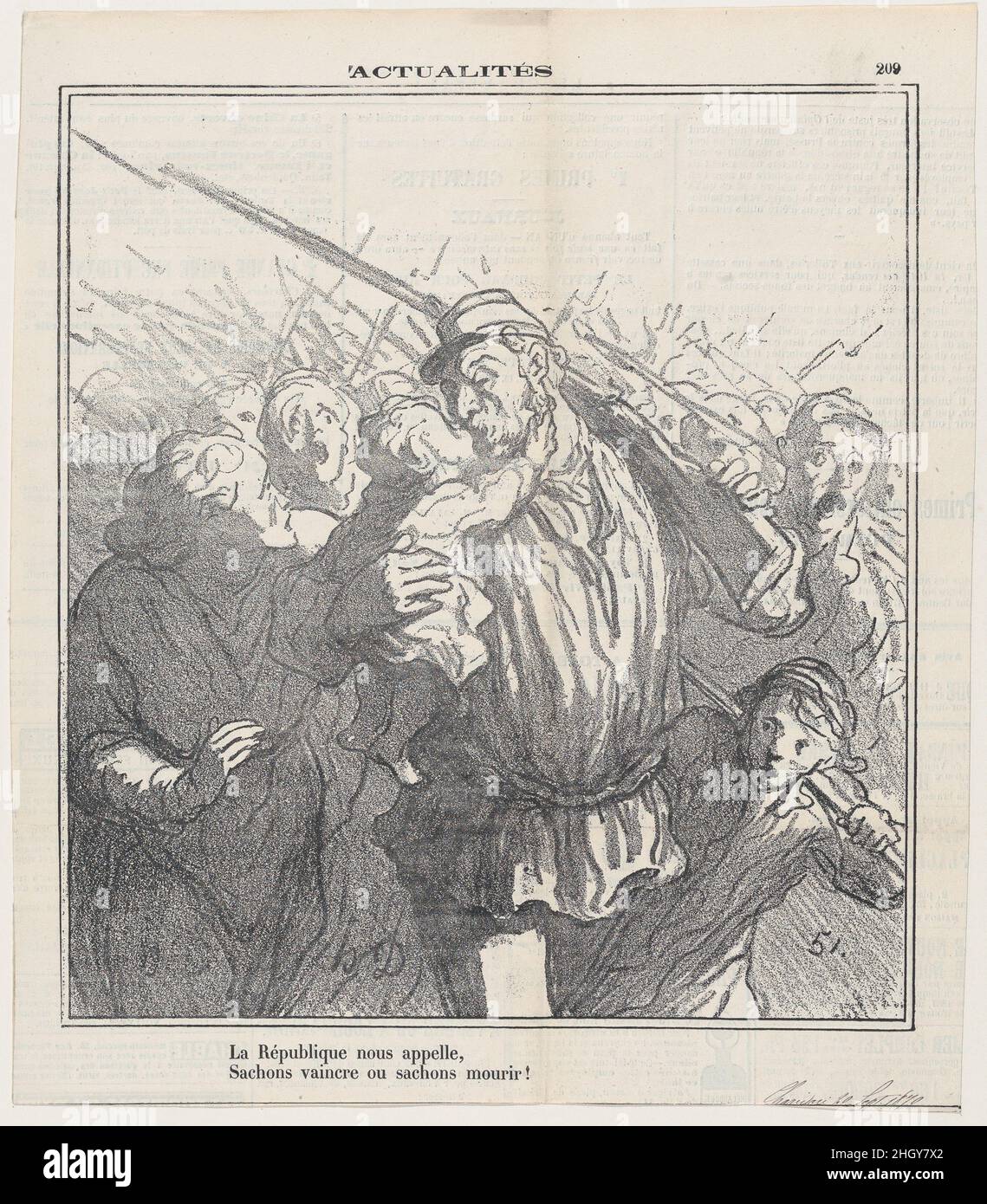 La République nous appelle!Soyons victorieux ou mourons, d'après "nouvelles du jour", publié dans le Charivari, 20 septembre 1870 20 septembre 1870 Honoré Daumier.La République nous appelle!Soyons victorieux ou mourons, d'après "nouvelles du jour", publié dans le Charivari, 20 septembre 1870.'Nouvelles du jour' (Actualités).Honoré Daumier (français, Marseille 1808–1879 Valmondois).20 septembre 1870.Lithographie sur papier journal; deuxième état de deux (Delteil).Imprime Banque D'Images