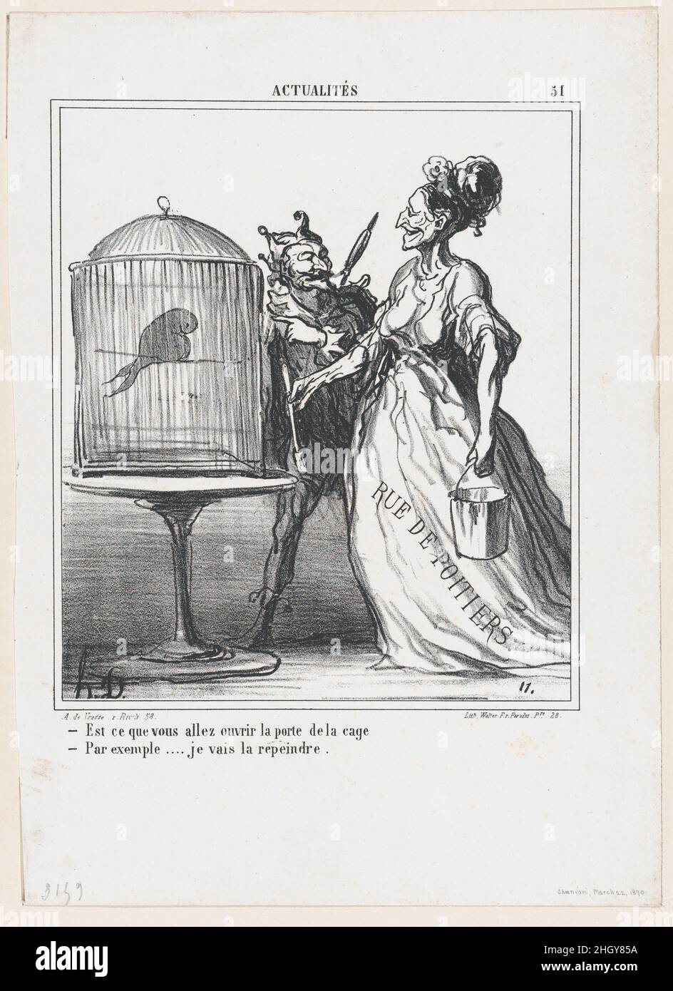–allez-vous ouvrir la porte de la cage?–en effetJe vais le repeindre, d'après "nouvelles du jour", publié dans le Charivari, 22 mars 1870 22 mars 1870 Honoré Daumier.–allez-vous ouvrir la porte de la cage?–en effetJe vais le repeindre, d'après "nouvelles du jour", publié dans le Charivari, 22 mars 1870.'Nouvelles du jour' (Actualités).Honoré Daumier (français, Marseille 1808–1879 Valmondois).22 mars 1870.Lithographie sur papier vélin; troisième état de trois (Delteil).Arnaud de Vresse.Imprime Banque D'Images