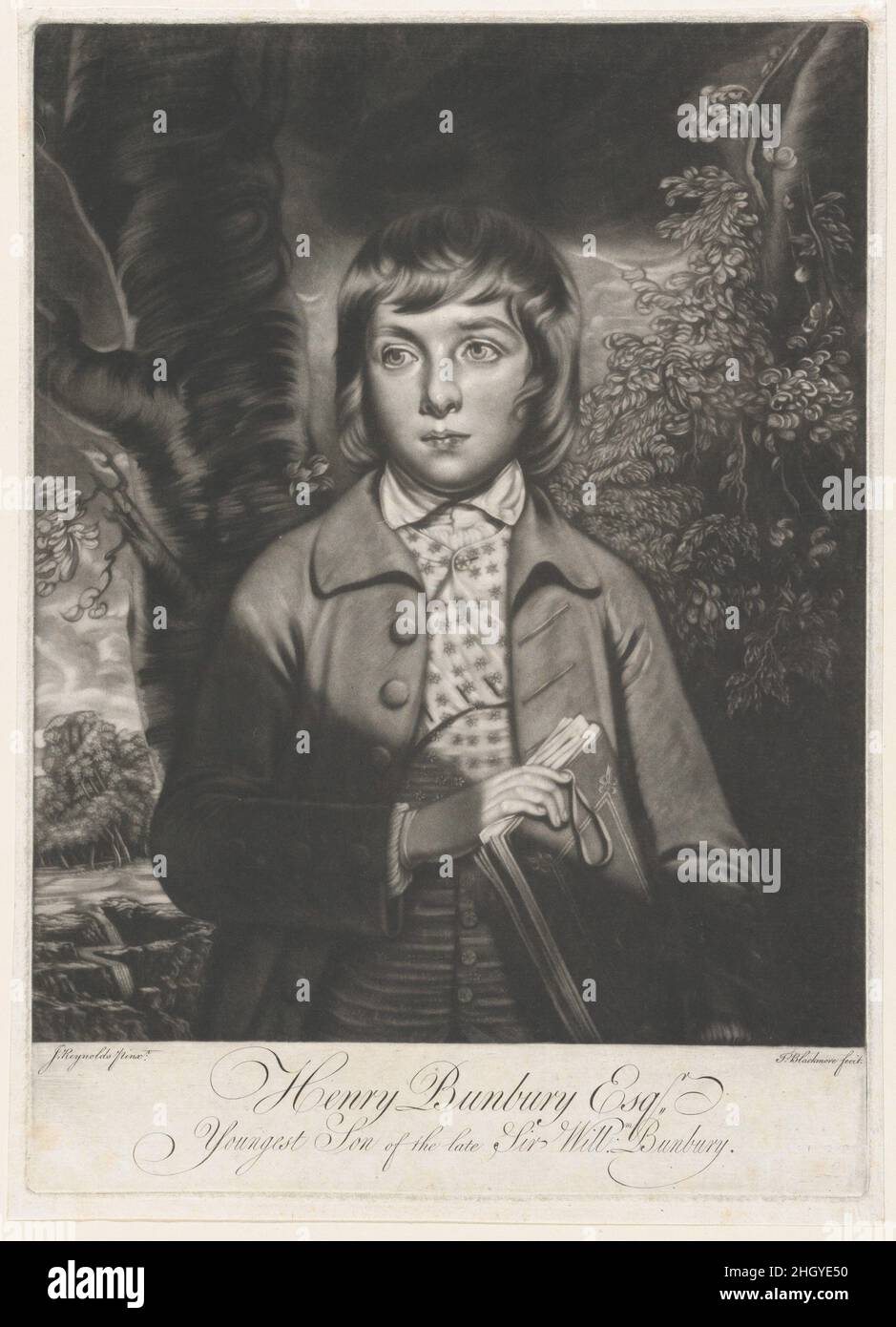 Henry Bunbury Esq-r., le plus jeune fils de feu Sir William Bunbury ca.1769 l'imprimé de Thomas Blackmore Blackmore est basé sur un portrait de Reynolds et montre le sujet à l'âge de quinze ou seize ans, tenant un portefeuille dans un paysage (la peinture connexe de 1765-66 est non tracée).Les dons artistiques de Bunbury étaient évidents chez les jeunes, alors qu'il amusait d'autres élèves avec des dessins humoristiques à la Westminster School, à Londres, puis au St. Catharine's College, à Cambridge.En tant que fils plus jeune de Sir William Bunbury, 5th Baronet, le revenu de Bunbury en tant qu'adulte provient principalement de servir le duc d'York comme équerry. Banque D'Images
