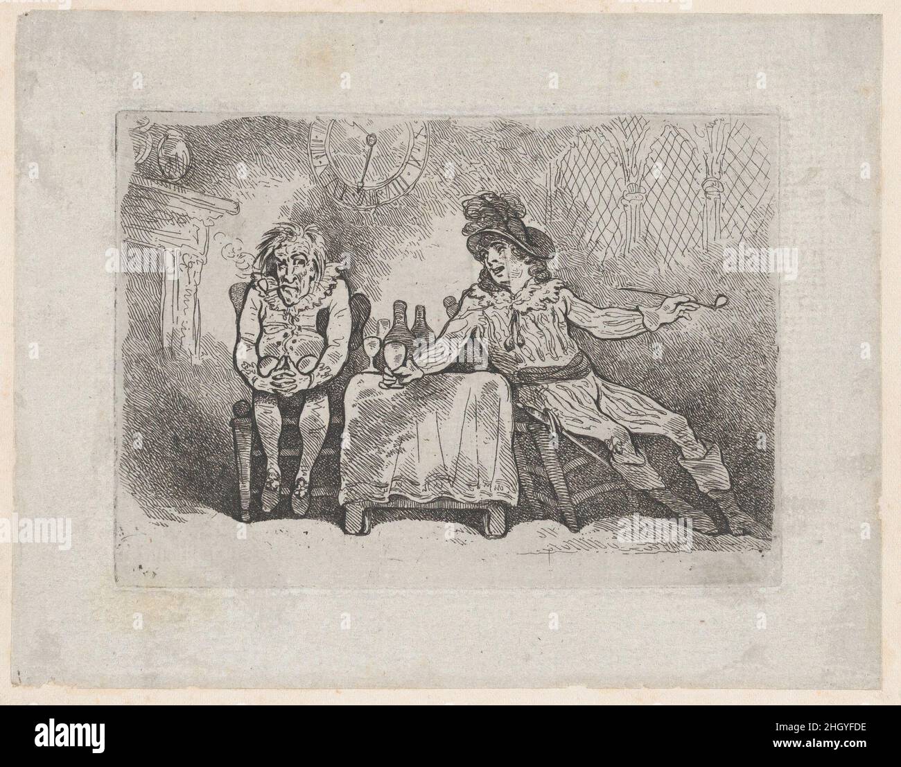 Deux hommes fumeurs et buvant (Charles et Jack Banister dans Henry IV, partie I) 1778–83 (?)Thomas Rowlandson Un homme âgé de glum tient ses genoux et fume un tuyau par un feu.À côté de lui se trouve une table remplie de bouteilles, et un jeune homme jovial qui tient un verre d'une main et des gestes avec un tuyau de l'autre.Les deux figures portent une robe pseudo-17th siècle et s'assoient sous une horloge dont les mains indiquent 10:30, avec des fenêtres gothiques à droite.Les personnages sont peut-être les acteurs londoniens Charles Banister et son fils Jack Banister, ce dernier un bon ami de Rowlandson.Deux hommes fumeurs et potable (Charl Banque D'Images
