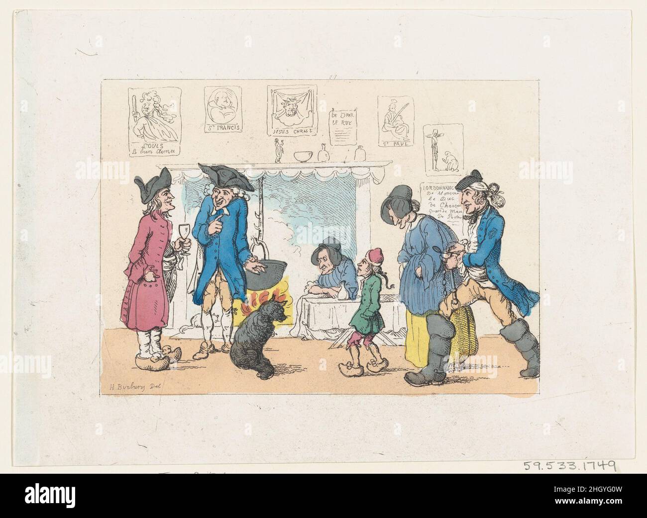 La cuisine d'une poste française 1803 (?)(?)Thomas Rowlandson Bunbury a voyagé à travers la France et l'Italie en 1769, et a produit une série de dessins humoristiques qui se moquait des étrangers.Il a montré « la cuisine de la poste » à la Royal Academy en 1770, et John Harris a réalisé une gravure connexe en 1771.ce dernier imprimé a probablement été gravé par Thomas Rowlandson et publié par Rudolph Ackermann vers 1803 dans le cadre d'un ensemble qui a ravivé les premières créations de Bunbury.Les maisons de poste étaient des auberges situées à intervalles réguliers le long de routes très fréquentées pour offrir des logements, des rafraîchissements, et des chevaux à louer.Les passagers de poste ont compté sur t Banque D'Images