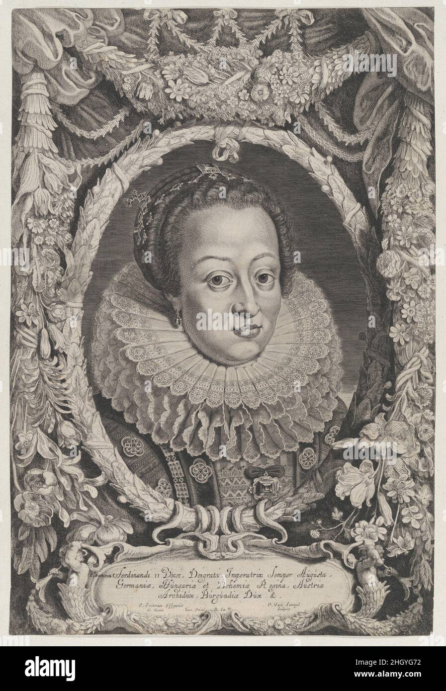 Eleonora, épouse de Ferdinand II, de la série Ferdinandus II et III Imperatorum Domus Austriacae... ca.1625 Pieter Van Sompel Eleonora hollandais de Gonzaga est devenu l'impératrice sainte romaine, la reine allemande, et la reine Consort de Hongrie et de Bohême lors de son mariage avec le veuf Saint empereur romain Ferdinand IIÉlevée à la cour ducale de Mantoue, un centre de culture et de science, elle a été exposée et éduquée en langues étrangères, en histoire, en musique et en peinture.Eleonora, épouse de Ferdinand II, de la série Ferdinandus II et III Imperatorum Domus AustriacaeFerdinandus II et III Imperatorum Domus Banque D'Images