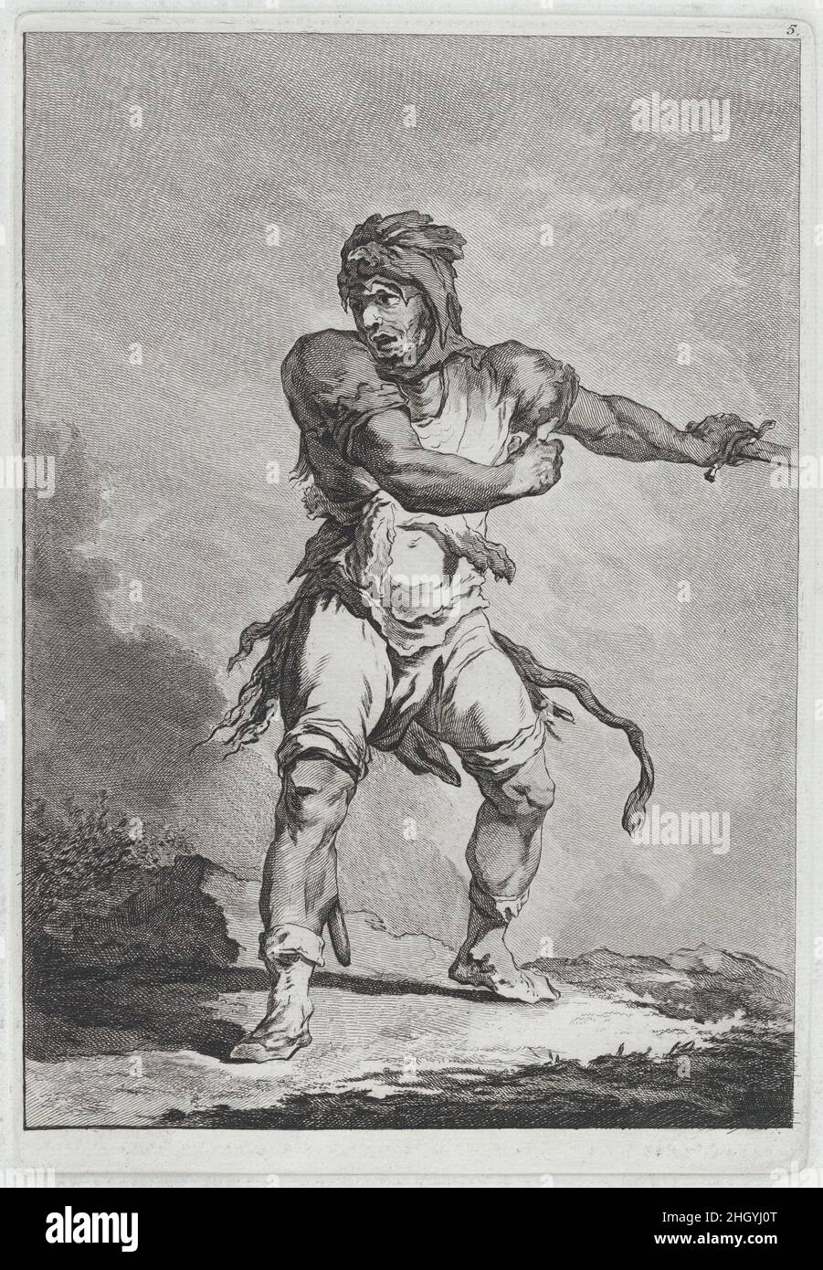 Soldat sauvage tenant une épée 1764 Matthias Pfenninger cet imprimé provient d'un ensemble de 'huit Etudes des soldatss' (2018.54.1-.8) conçu par Loutherbourg pendant ses années de Paris, 1755–71.Alors qu'il est lui-même un graveur accompli, Loutherbourg a tourné la gravure vers le Matthias Pfenninger, né à Zurich, puis a étudié à Paris.Les images témoignent de l'admiration pour le graveur italien de 17th-siècle, Salvator Rosa.Soldat de la sauge tenant une épée.Huit Etudes des soldats, d'après Philippe Jacques de Loutherbourg (français, Strasbourg 1740–1812 Londres).1764. Décapage.Imprime Banque D'Images