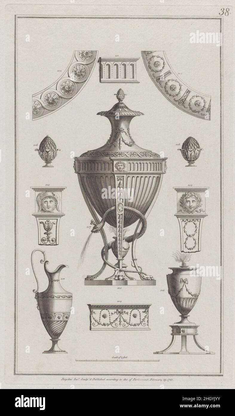 Vases et ornement Designs, n° 200-208 (« Destines for various parures », pl.38) 29 février 1782 Michelangelo Pergolesi ces dessins, numérotés de 200 à 208, se centrent sur un vase soutenu par un trépied, entouré d'autres navires et ornement.L'imprimé provient d'un groupe que Pergolesi a réalisé et publié en série à Londres entre 1777 et 1792.Il n'y a pas de page de titre, mais un prospectus de CA.1786 a décrit le groupe comme: «une grande variété de dessins originaux de vases, figures, médaillons, frises, pilastres,Panneaux et autres ornements, dans le style étrusque et grotesque.'L'ensemble complet Banque D'Images