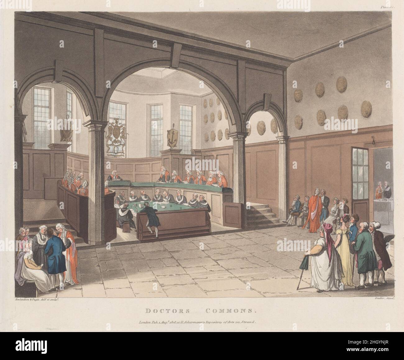 Doctorss' Commons 1808 conçu et gravé par Thomas Rowlandson Rowlandson et Pugin décrivent ici la salle d'un organisme d'enseignement autonome connu sous le nom de Collège des civils (ou Société des communes de médecins) sur Paternoster Row.Ses membres, spécialisés en droit ecclésiastique et civil (par opposition à la common law anglaise), ont obtenu des doctorats à Oxford ou Cambridge, puis ont été admis comme avocats par le doyen d'Arches qui a servi l'archevêque de Canterbury.Les boursiers ont travaillé avec des procureurs dont les fonctions étaient en parallèle avec celles des avocats et, en cour, se sont intéressés à des cas d'église et d'Admi Banque D'Images