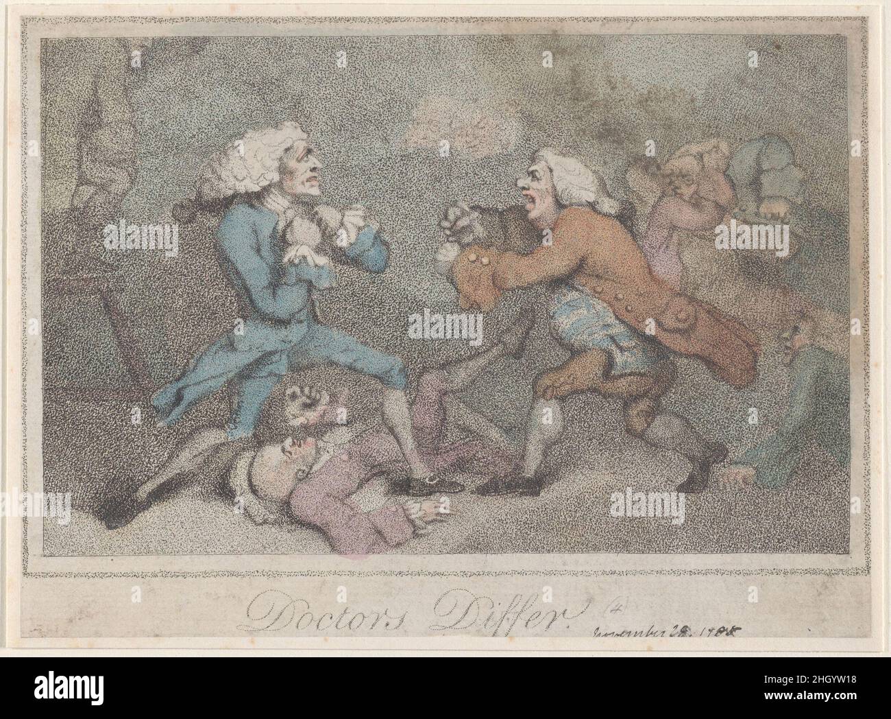 Les médecins diffèrent le 28 novembre 1785 après Thomas Rowlandson Une mêlée de médecins déchargés avec deux opposants engagés dans des fischuffs au premier plan, un élancé une figure tombée sur son dos sur le sol.Deux autres figures se battent dans le fond droit, et une rangée de figures assises est visible dans le fond gauche, et une figure debout sur un tabouret à gauche.Les médecins diffèrent.Après Thomas Rowlandson (britannique, Londres 1757–1827 Londres).28 novembre 1785.Gravure à crépi de couleur main.S. W. Fores (Londres).Imprime Banque D'Images