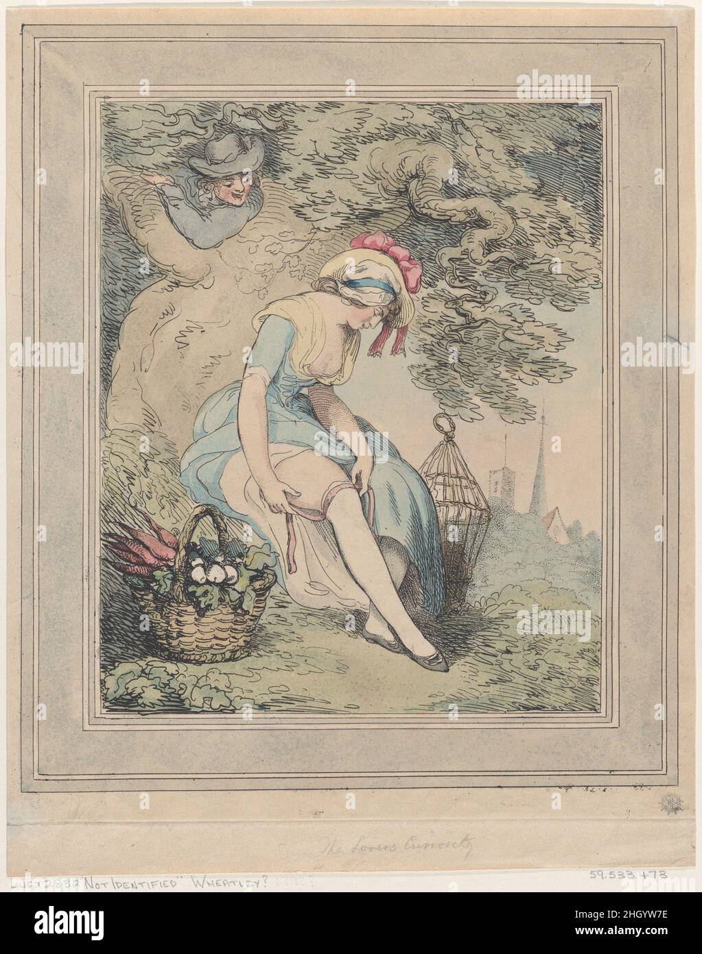 Fille avec un panier et une cage à oiseaux Réglage de son jarretière 1785–95 Thomas Rowlandson Une jeune fille de campagne a mis en place un panier rempli de légumes, se repose sur un arbre, et expose sa jambe pour attacher sa jarretière.Derrière elle, un homme dont elle n'est pas consciente se penche sur l'encoche d'un arbre pour l'admirer.Fille avec un panier et Birdcage ajuster son Garter.Après (?)Francis Wheatley (Grande-Bretagne, Londres 1747–1801 Londres).1785–95.Gravure à la main.Imprime Banque D'Images