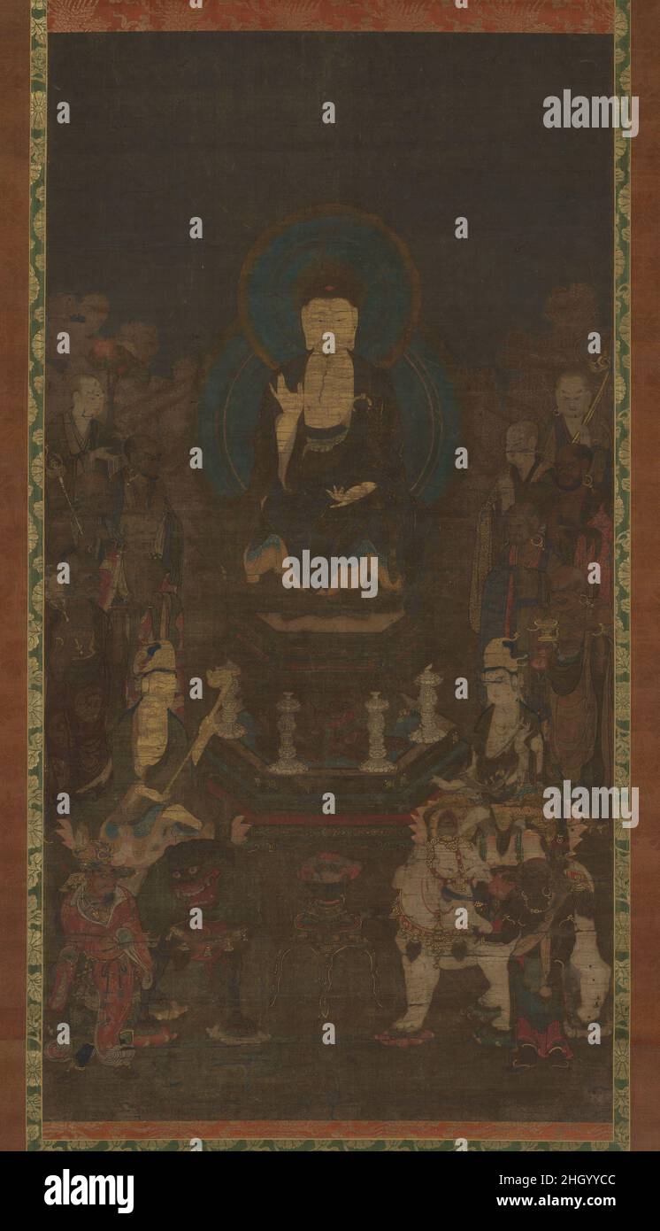 Shaka (Shakyamuni), le Bouddha historique, avec deux auxiliaires Bodhisattvas et les dix grands disciples début 14th siècle Japon au centre de cette icône richement peinte est le Bouddha historique, Shaka (Shakyamuni en Sanskrit).Il est flanqué de ses serviteurs, Monju et Fugen, qui, respectivement, portent un lion bleu et un éléphant blanc et représentent la sagesse et la pratique bouddhistes.Ce trio Saint est accompagné des dix disciples majeurs. Rendu en pigments fins et or sur soie, cet oeuvre témoigne de l'influence de la peinture bouddhiste chinoise de la dynastie Song (960–1279) sur le japonais médiéval Banque D'Images