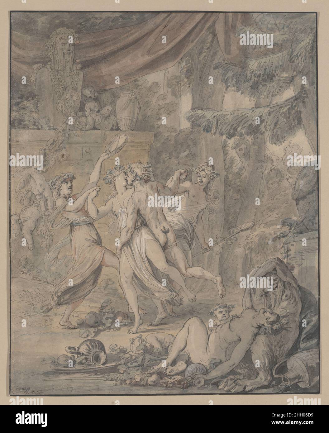 Bacchanale 1767 Jean Michel Moreau le jeune Moreau était d'une famille d'artistes et a commencé sa formation jeune, entrant dans le studio de Louis Joseph le Lorrain.Il a reçu une série prestigieuse de nominations dans la famille royale et est responsable d'une production prodigieuse d'œuvres sur papier, chroniquant des événements de cour et de la création de dessins pour des plaques de mode et des illustrations de livre.Son œuvre fut fréquemment exposée à Salons avant et après la révolution française.Contrairement à beaucoup de ses dessins survivants, ce grand bachanal aquarelle a probablement été exécuté comme un travail autonome, plutôt tha Banque D'Images
