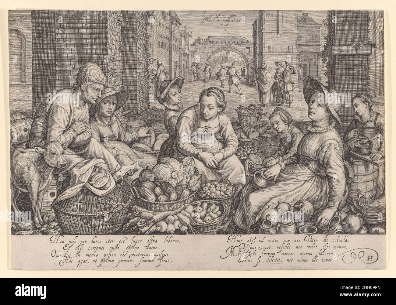 Marché en ville avec la parabole des ouvriers dans le vignoble en arrière-plan 1603 Jacob Matham après un tableau de Pieter Aertsen dans le Städelsches Kunstinstitut, Francfort.Au-dessus de « Lange Pier pinx./ Maetham chabp et excud'.Dans la marge deux colonnes de texte, chacune des quatre lignes 'hon nisi ... moins ille iuvet.' par 'SSH' (Simon Sovius de Haarlem).Marché de la ville avec la parabole des ouvriers dans le vignoble en arrière-plan.Jacob Matham (Netherlandish, Haarlem 1571–1631 Haarlem).1603. Tirages Banque D'Images