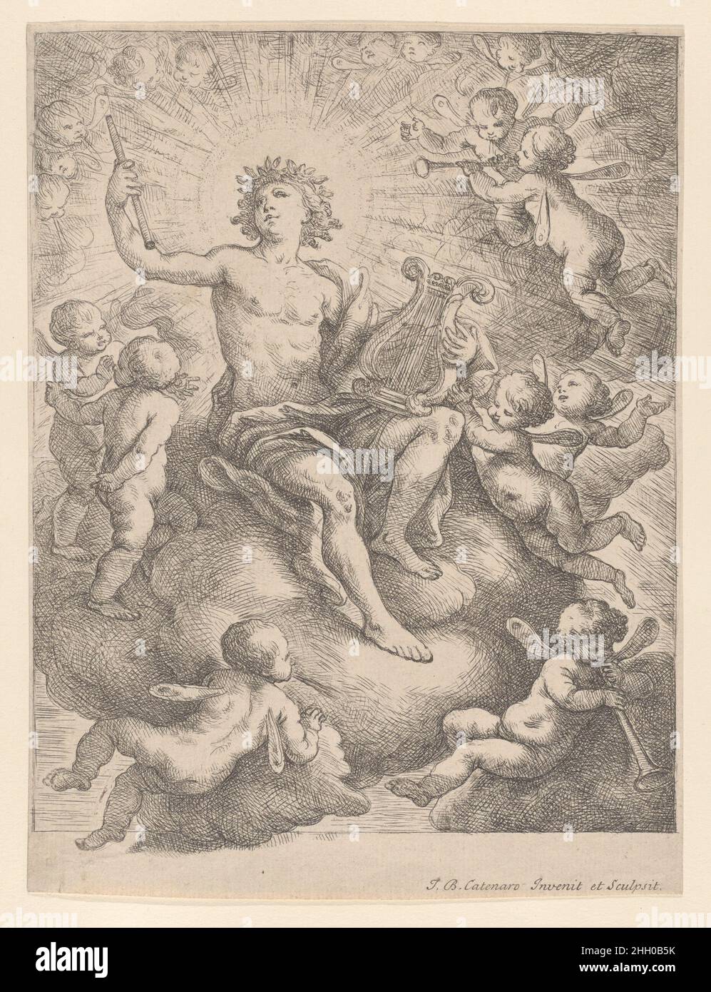 Apollon, assis sur un nuage et tenant une lyre et un tuyau, entouré de putti 1692–1727 Giovanni Battista Catenaro Italien.Apollon, assis sur un nuage et tenant une lyre et un tuyau, entouré de putti.Giovanni Battista Catenaro (italien, Espagne active et Angleterre, 1692–1727).1692–1727.Gravure.Imprime Banque D'Images