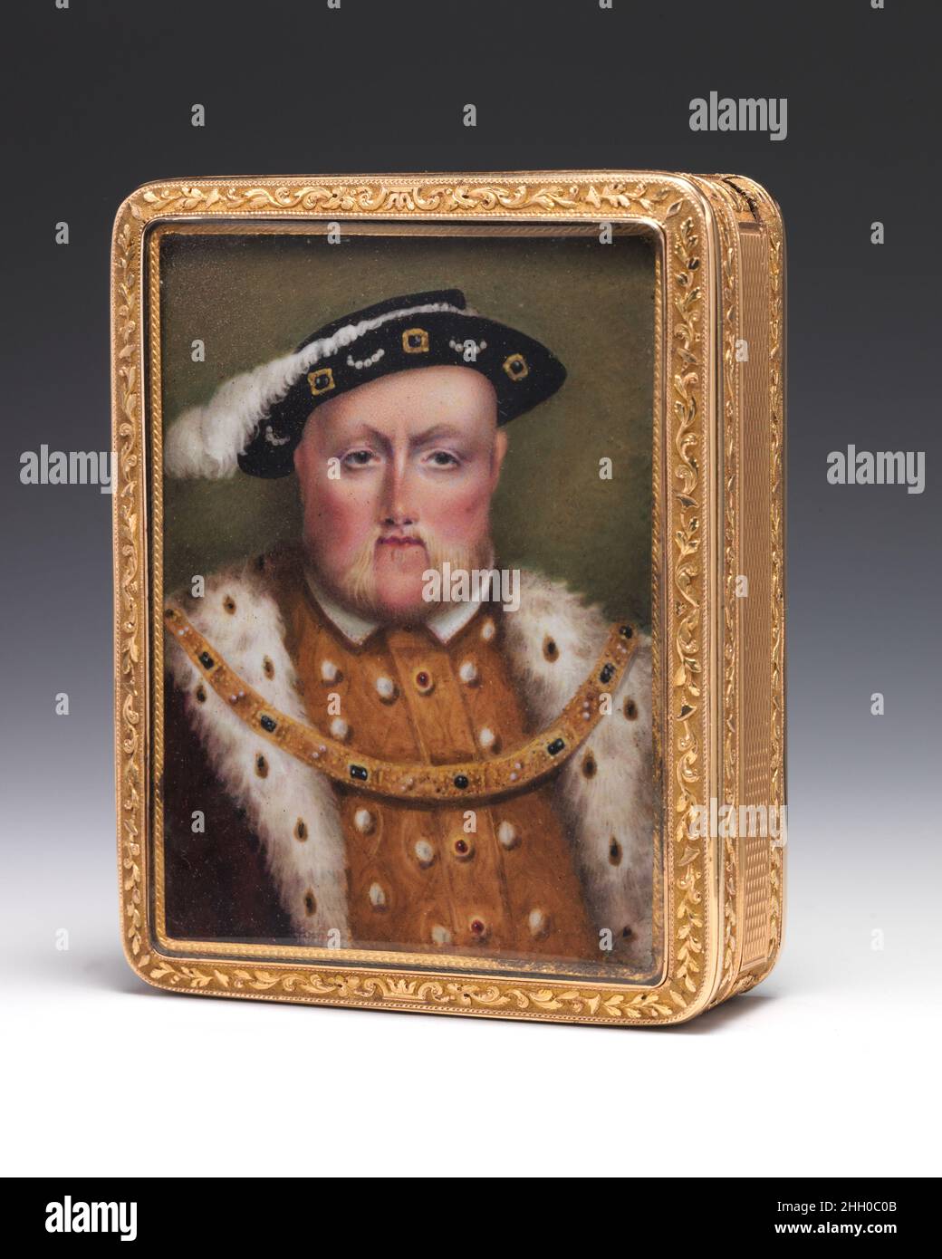 Snuffbox avec portraits de Henry VIII et Anne Boleyn et inscription de présentation 1805–6 I. A. (non identifié) les portraits sont de Henry VIII (b.1491, 4.1507, d.1547) et sa deuxième femme, Anne Boleyn (1507-1536), mère d'Élisabeth Ire d'Angleterre.Snuffbox avec portraits de Henry VIII et Anne Boleyn et inscription à la présentation.Britannique, Londres.1805–6.Or rouge et jaune; émail.Métal-Or et platine Banque D'Images