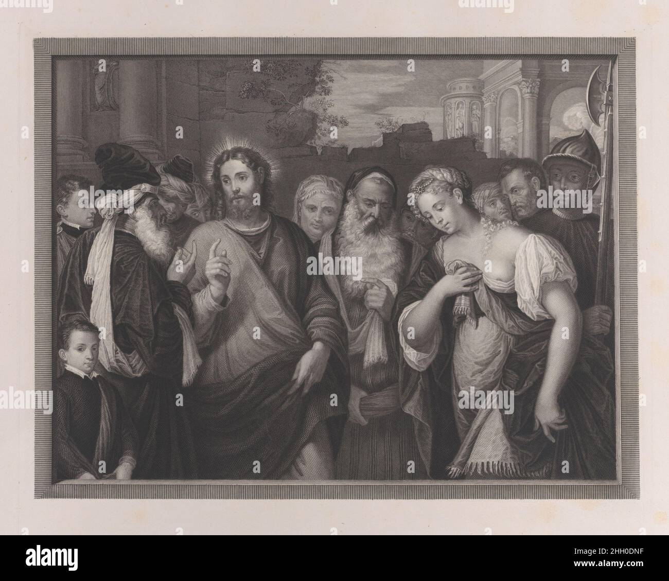 Christ et l'adultère 1830–83 Carlo Raimondi.Christ et l'adultération.Carlo Raimondi (italien, Bocche di Cattoro 1809–1883 Parme).1830–83.Gravure.Imprime Banque D'Images